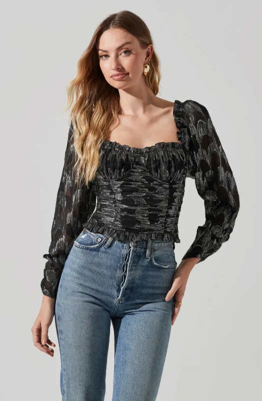 Junie Metallic Ruched Puff Sleeve Top sold by Astr