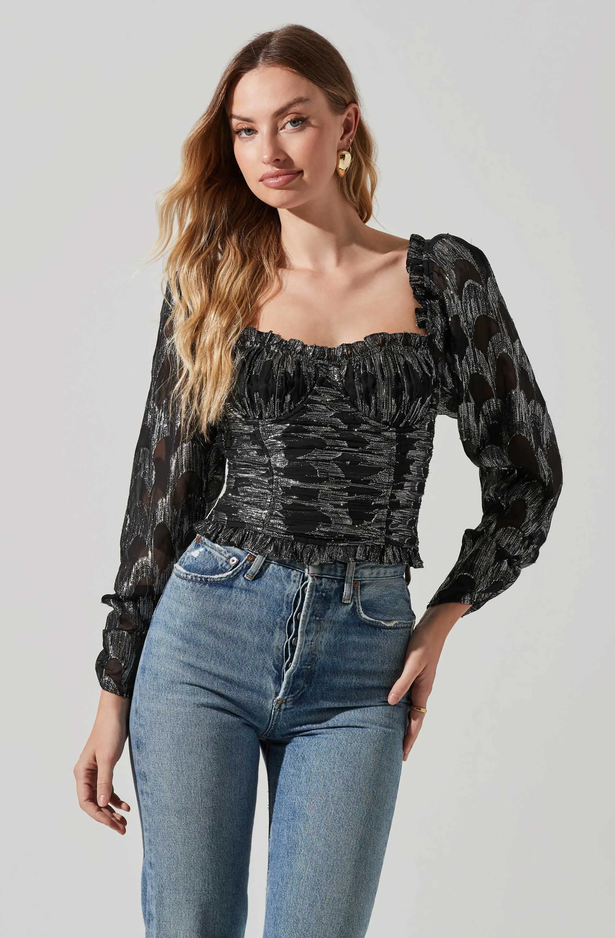 Junie Metallic Ruched Puff Sleeve Top sold by Astr