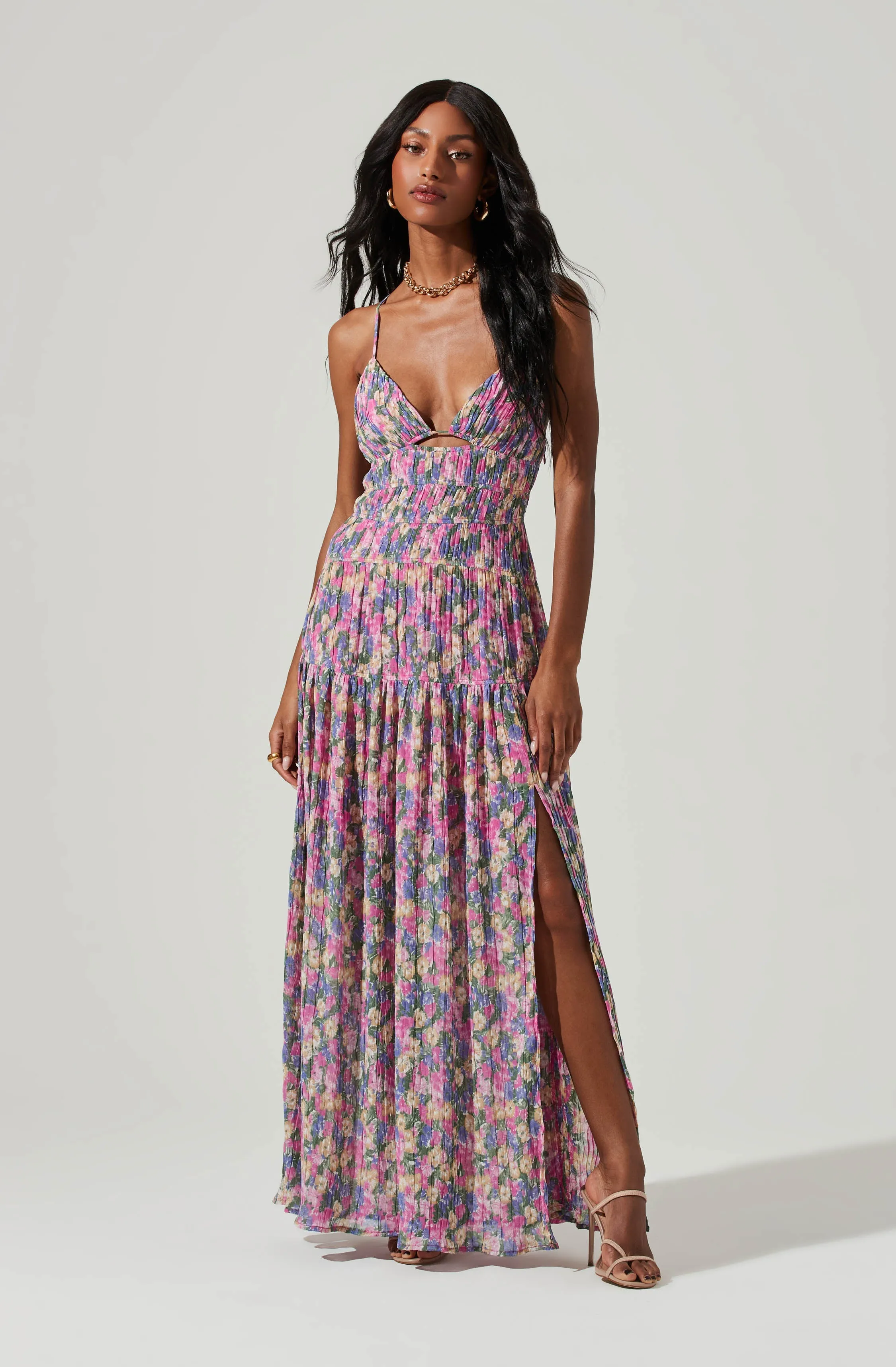 Tropics Plunge Neck Pleated Open Back Maxi Dress sold by Astr
