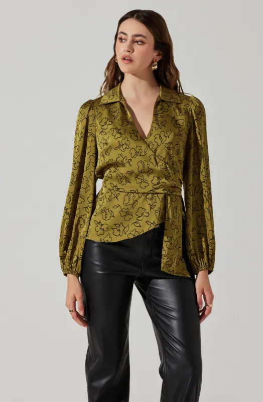 Asymmetrical Collared Floral Wrap Top sold by Astr