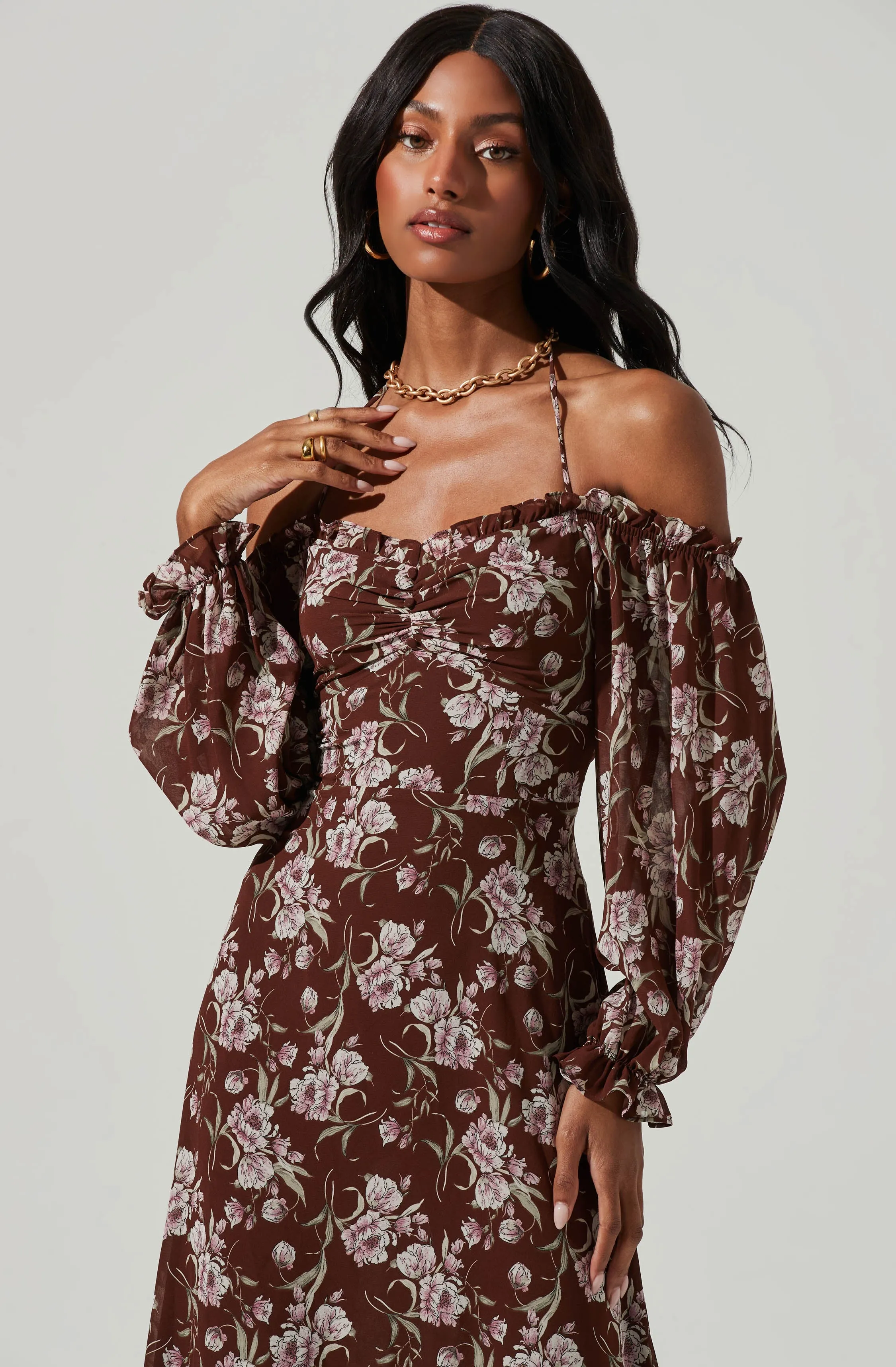 Off Shoulder Long Sleeve Cinched Bust Midi Dress sold by Astr product image thumbnail 2