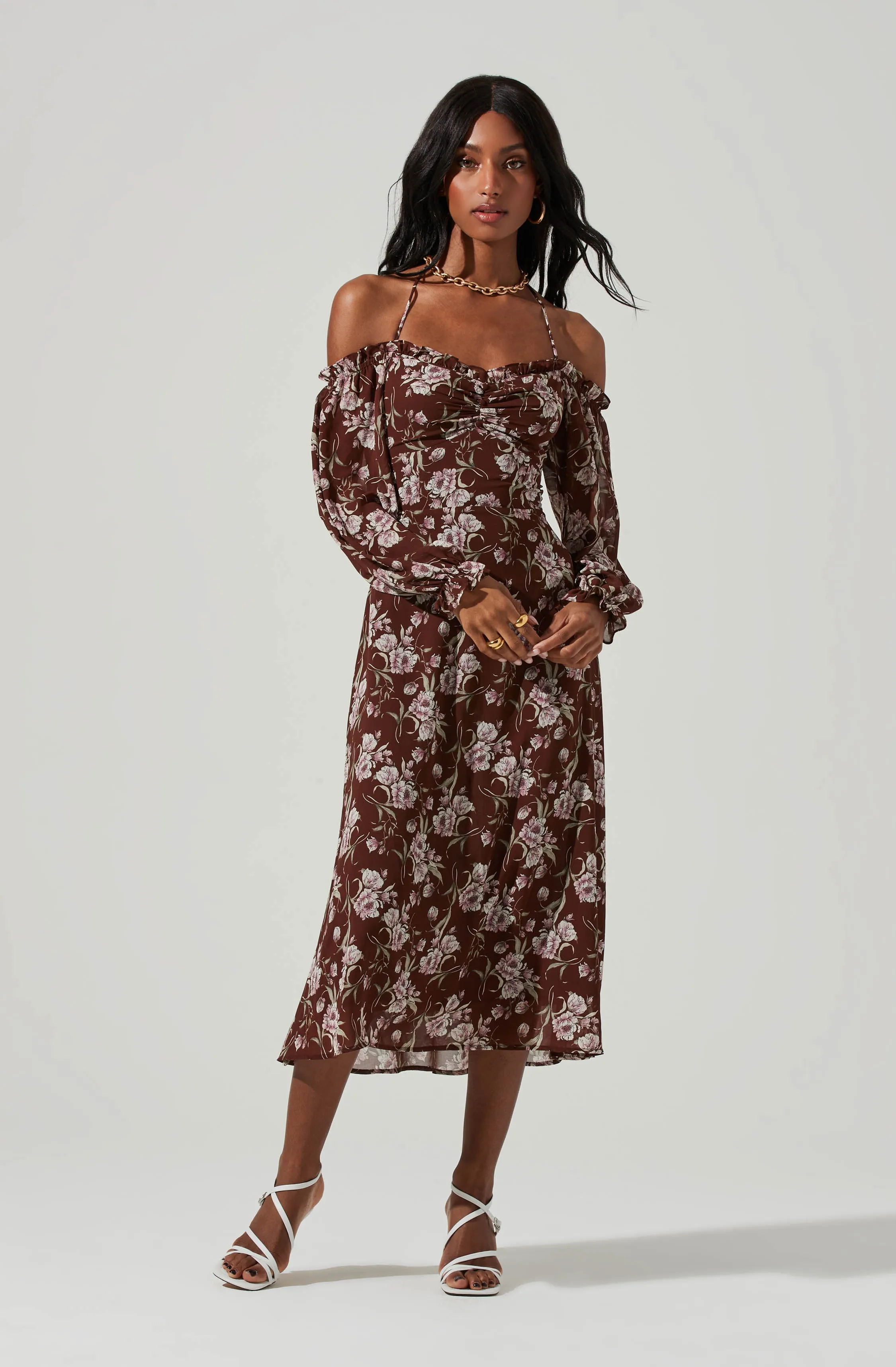 Off Shoulder Long Sleeve Cinched Bust Midi Dress sold by Astr