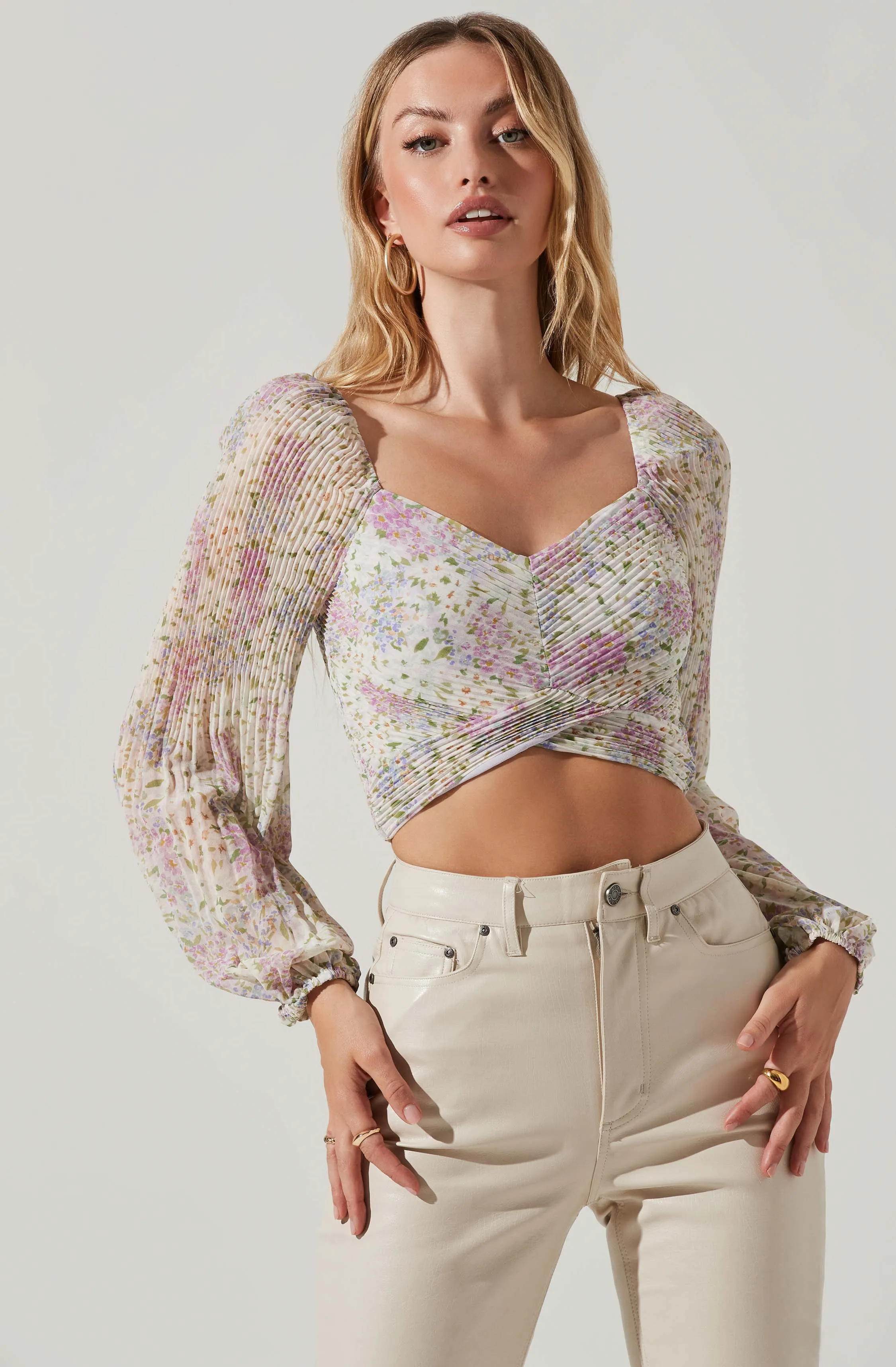 Bonnie Floral Plisse Long Sleeve Crop Top sold by Astr