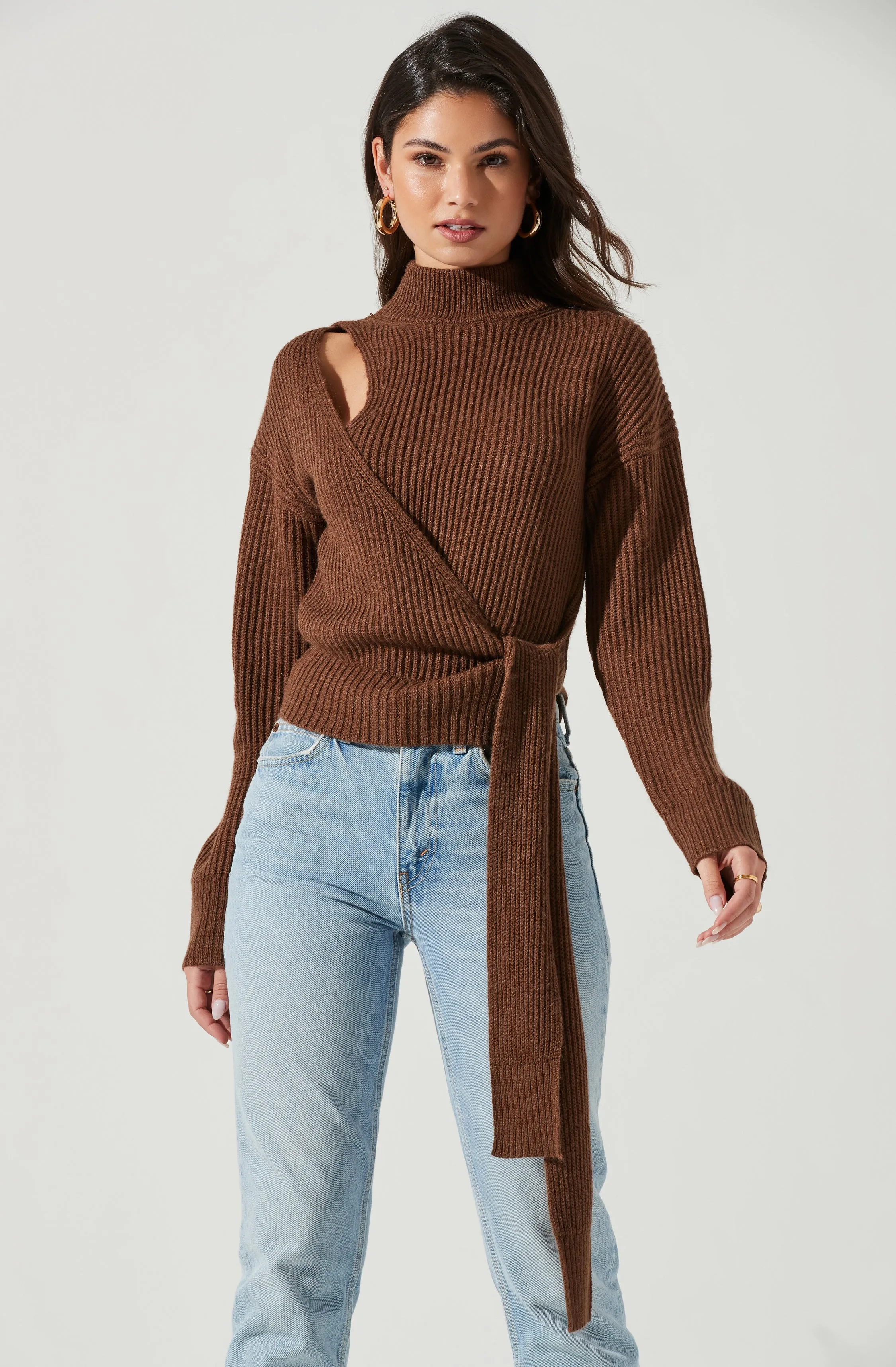 Sora Mock Neck Cutout Tie Waist Sweater sold by Astr