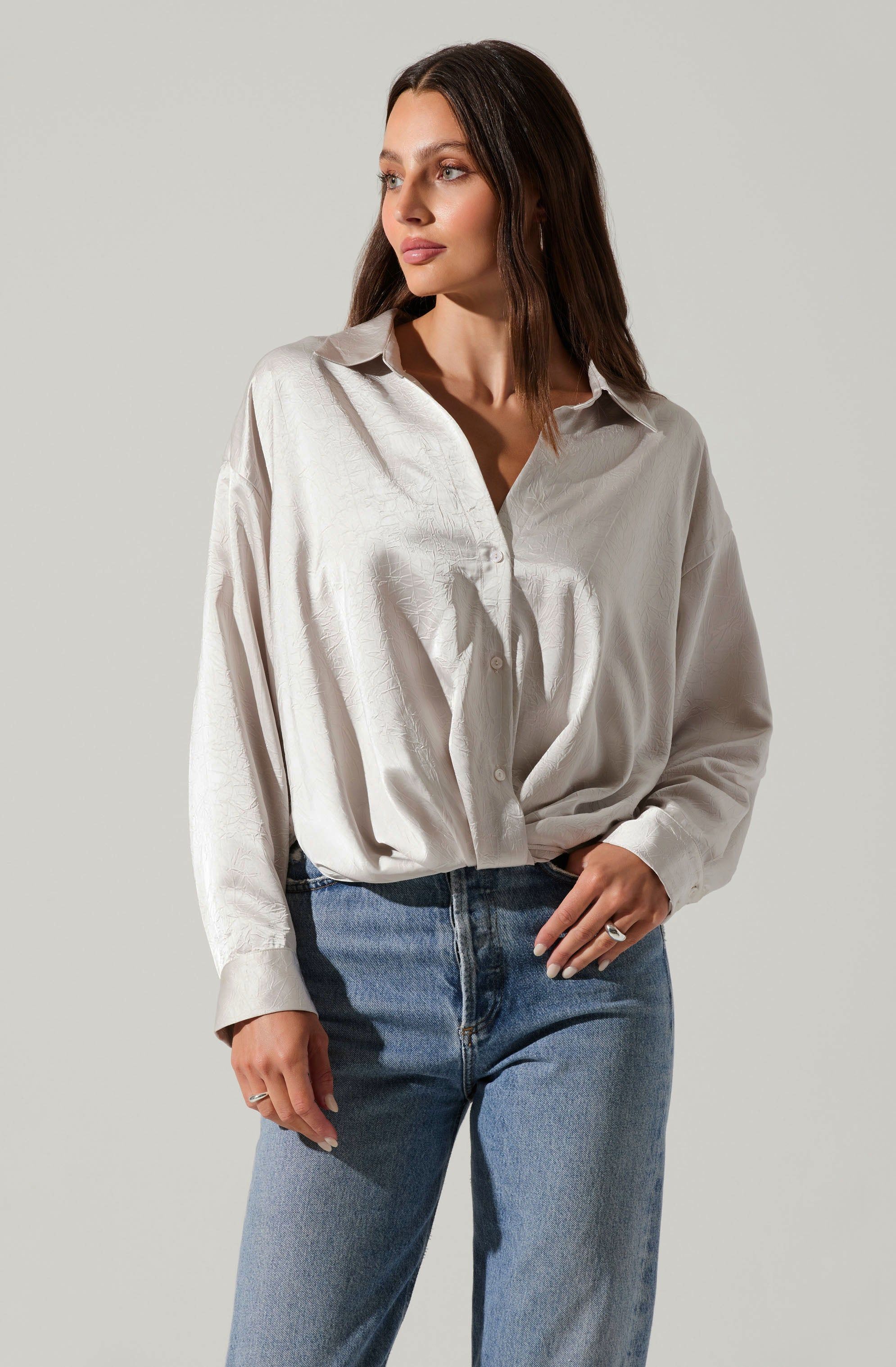 Corrine Satin Button Down Top sold by Astr