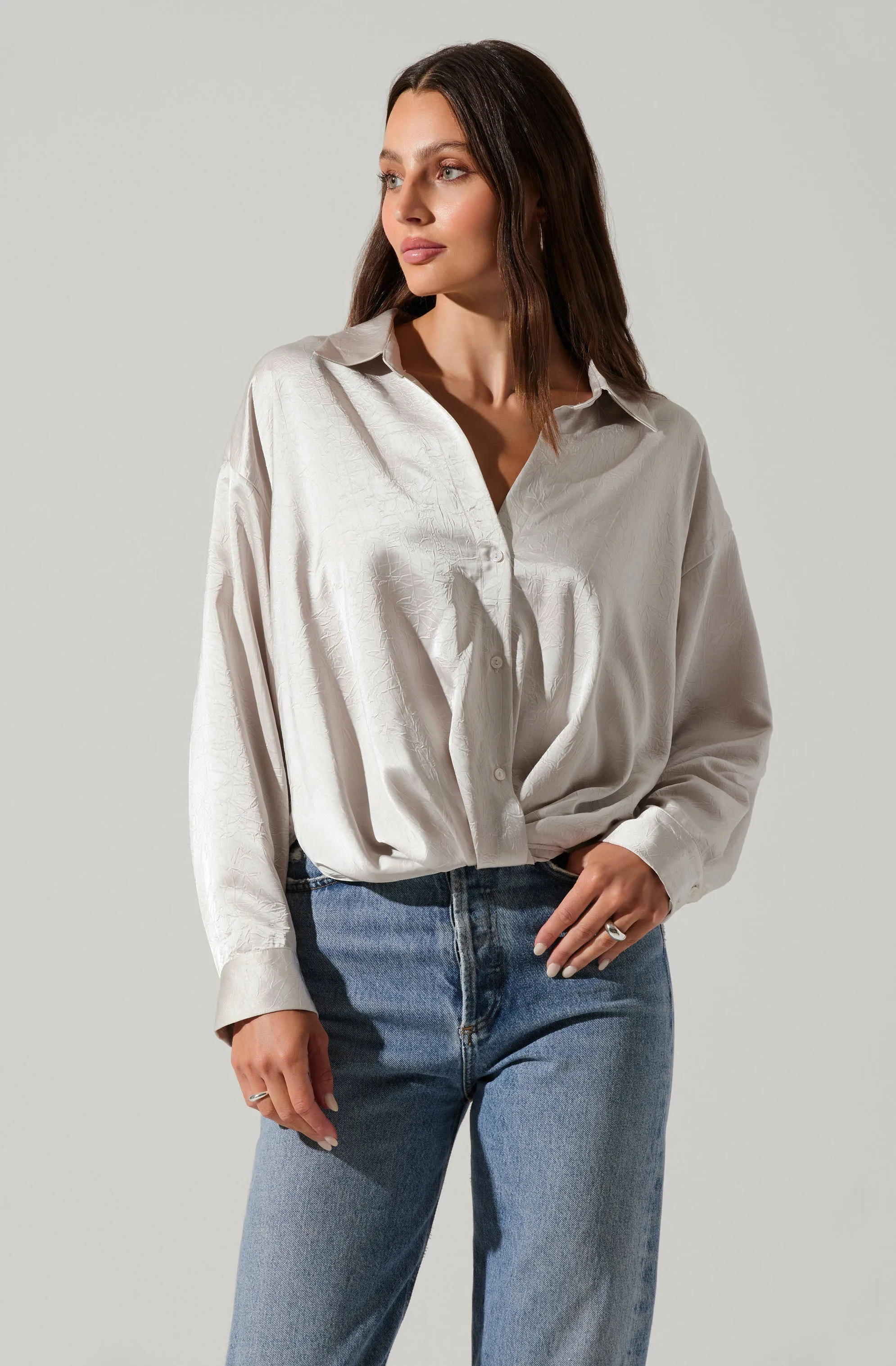Corrine Satin Button Down Top sold by Astr