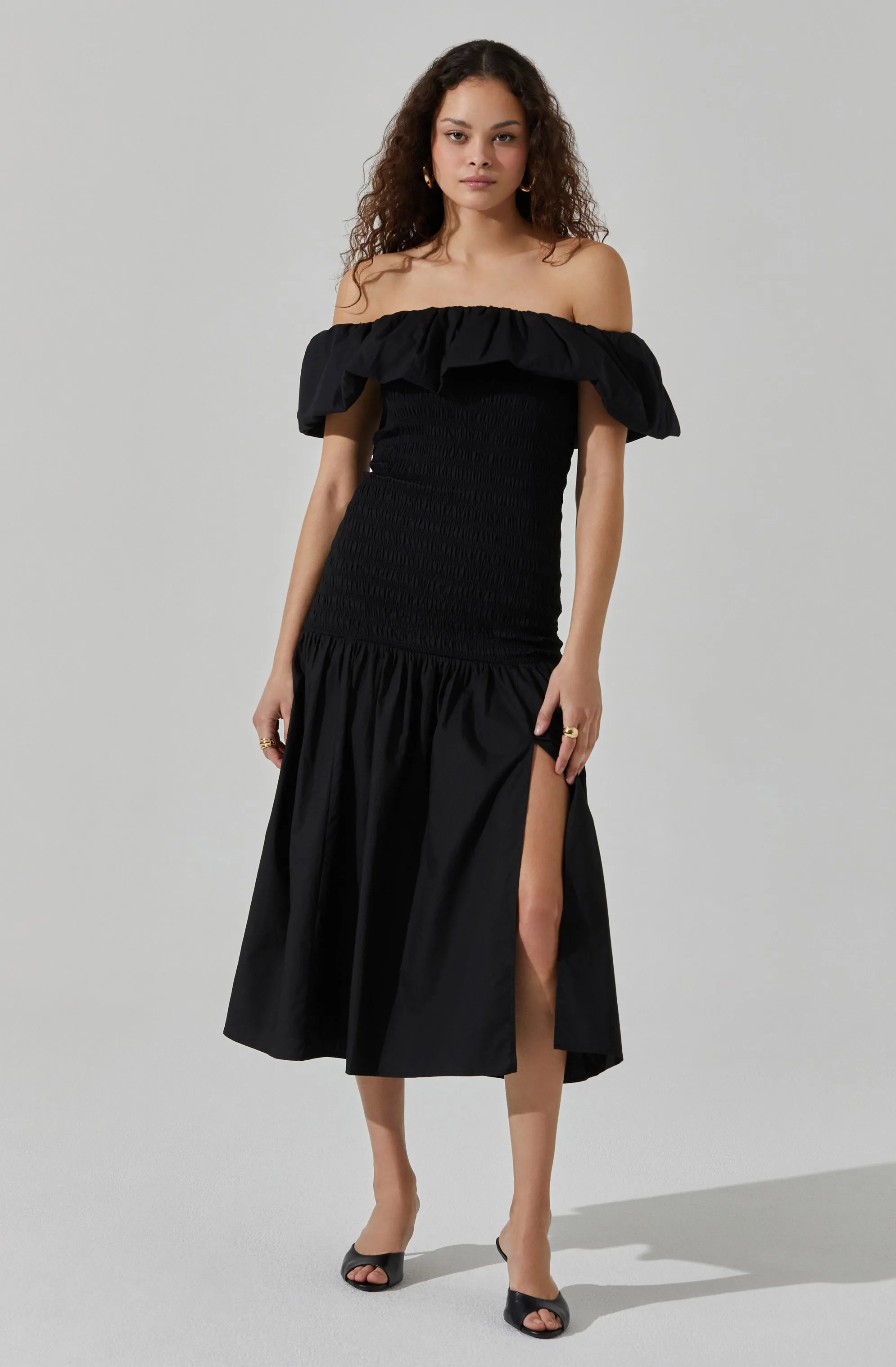 Shirred Off Shoulder Ruffle Dress sold by Astr