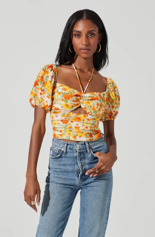 Tie Neck Floral Cut Out Puff Sleeve Top sold by Astr
