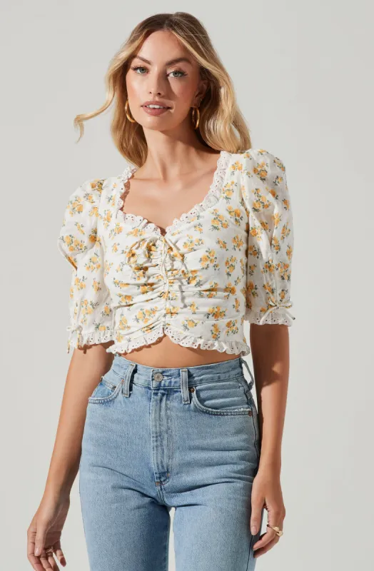 Printed Floral Linen Cinched Top sold by Astr