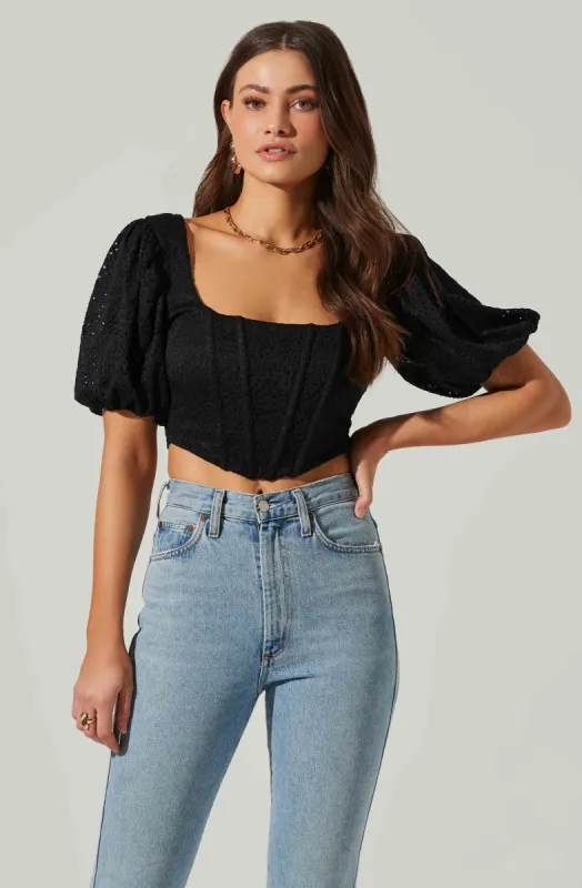 Eyelet Square Neck Balloon Sleeve Bustier Top sold by Astr