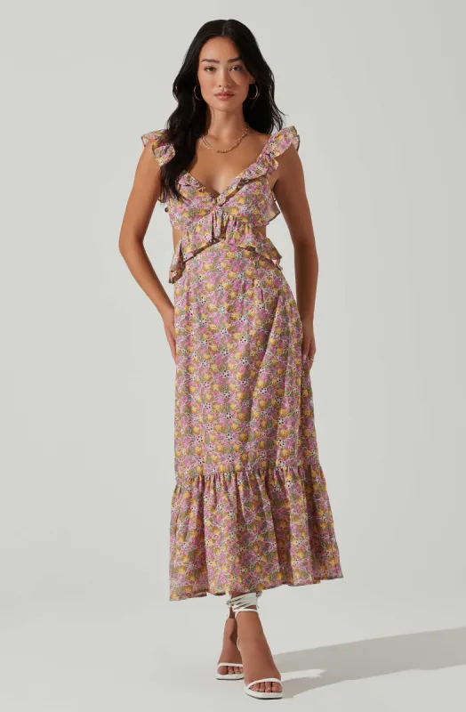 Olivette Floral Ruffle Midi Dress sold by Astr
