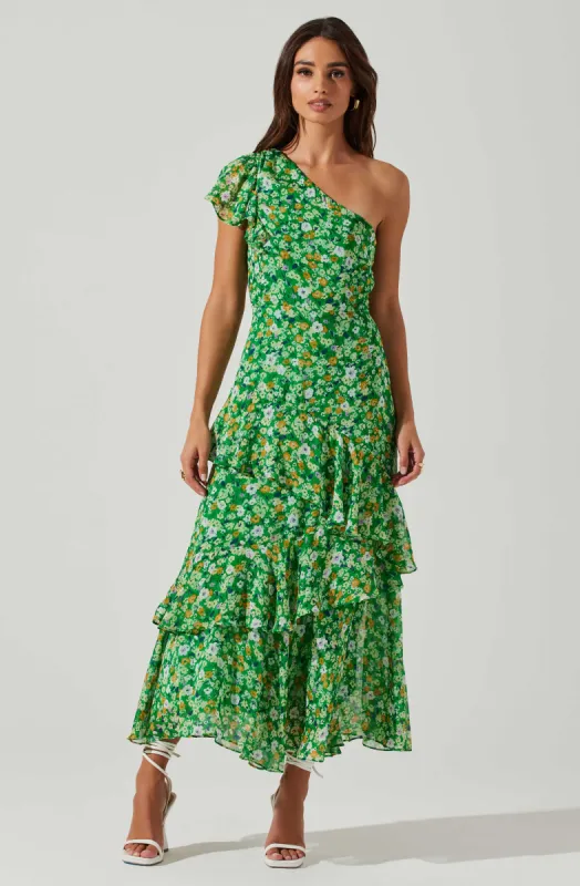 Victoriana One Shoulder Floral Midi Dress sold by Astr