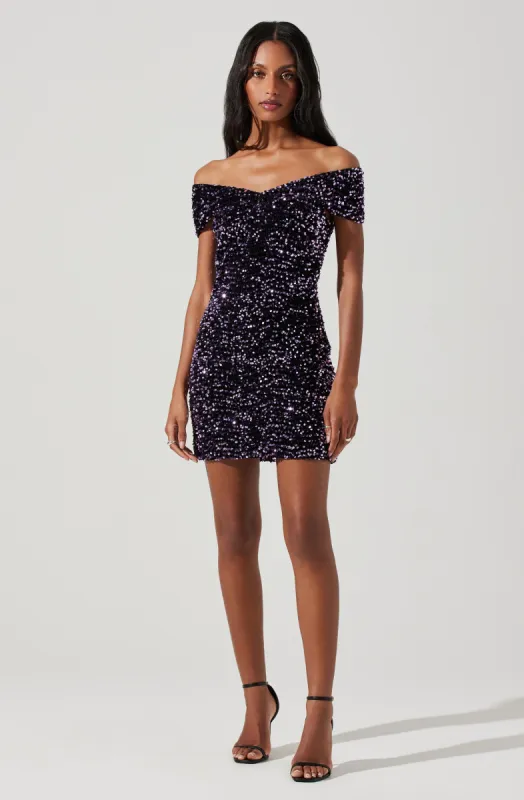 Victoria Sequin Off Shoulder Mini Dress sold by Astr