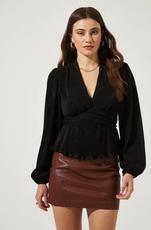 Sharon Long Sleeve Pleated Peplum Top made by Astr