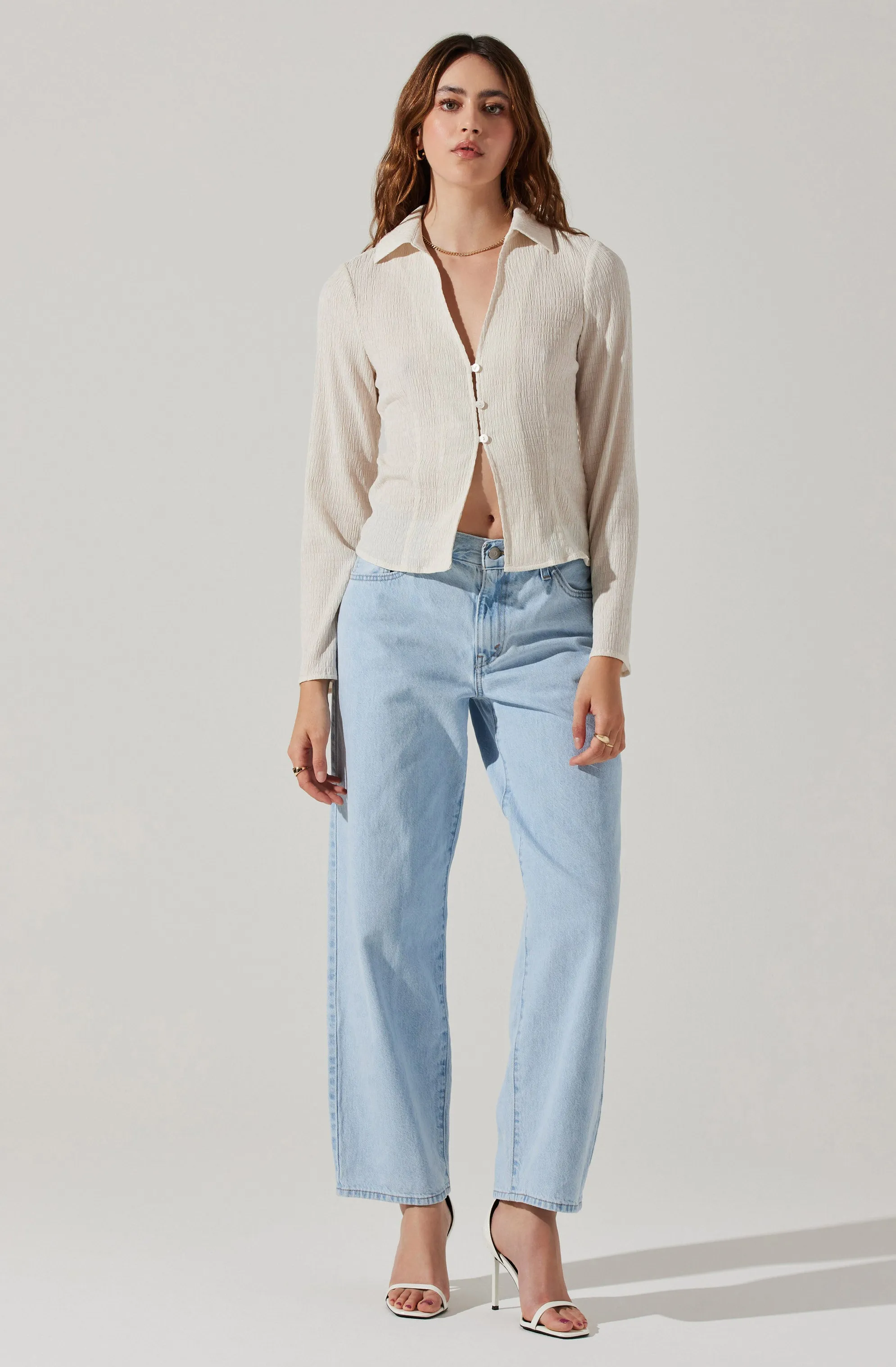 Shirred Long Sleeve Collared Flyaway Top sold by Astr product image thumbnail 4