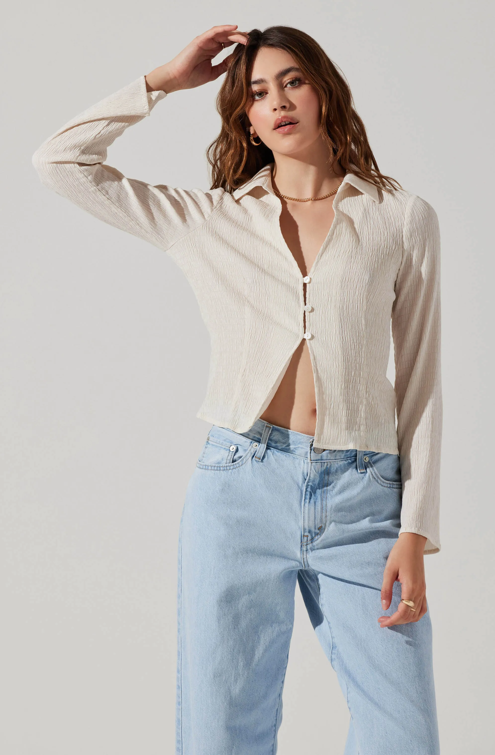 Shirred Long Sleeve Collared Flyaway Top sold by Astr