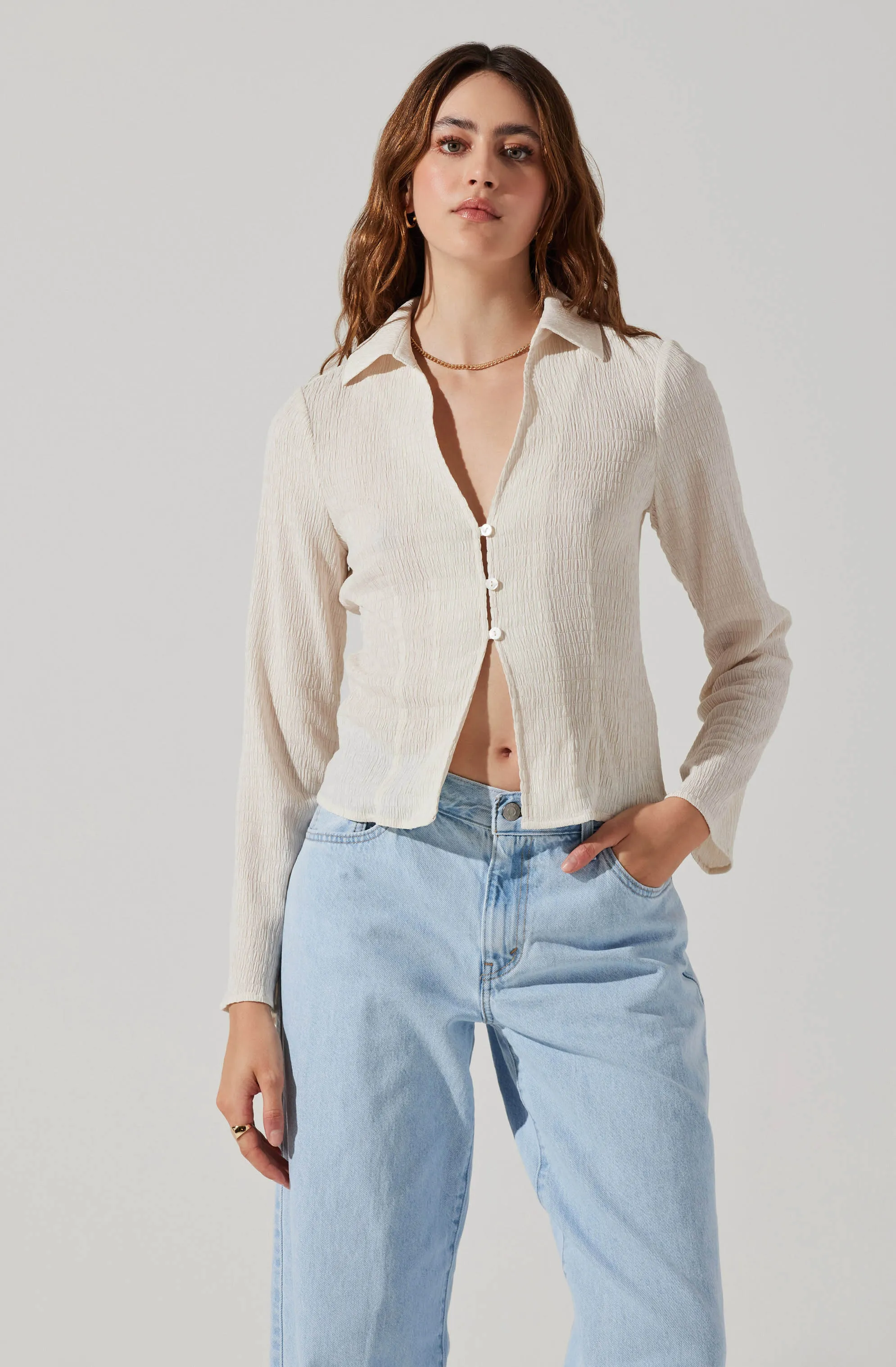 Shirred Long Sleeve Collared Flyaway Top sold by Astr product image thumbnail 3