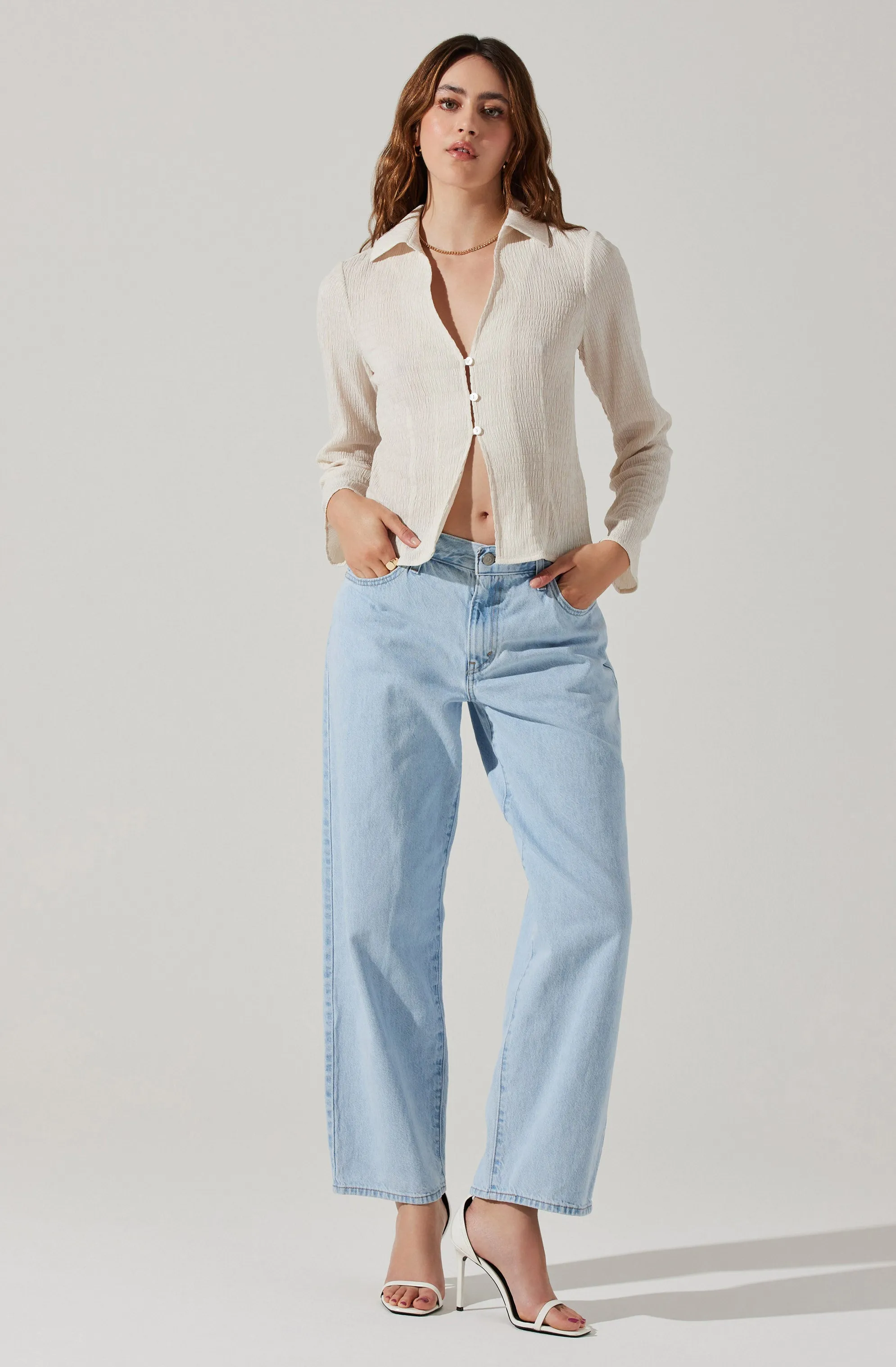Shirred Long Sleeve Collared Flyaway Top sold by Astr product image thumbnail 2
