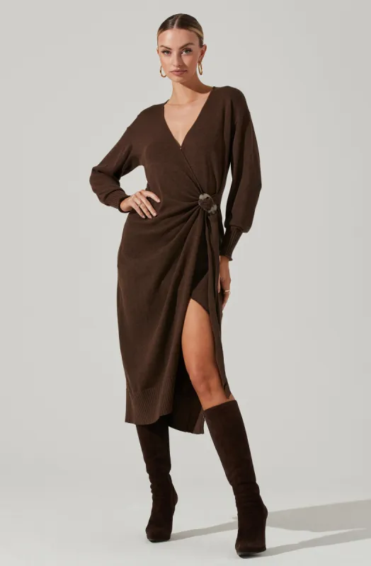 Mazzy Long Sleeve Wrap Midi Dress sold by Astr