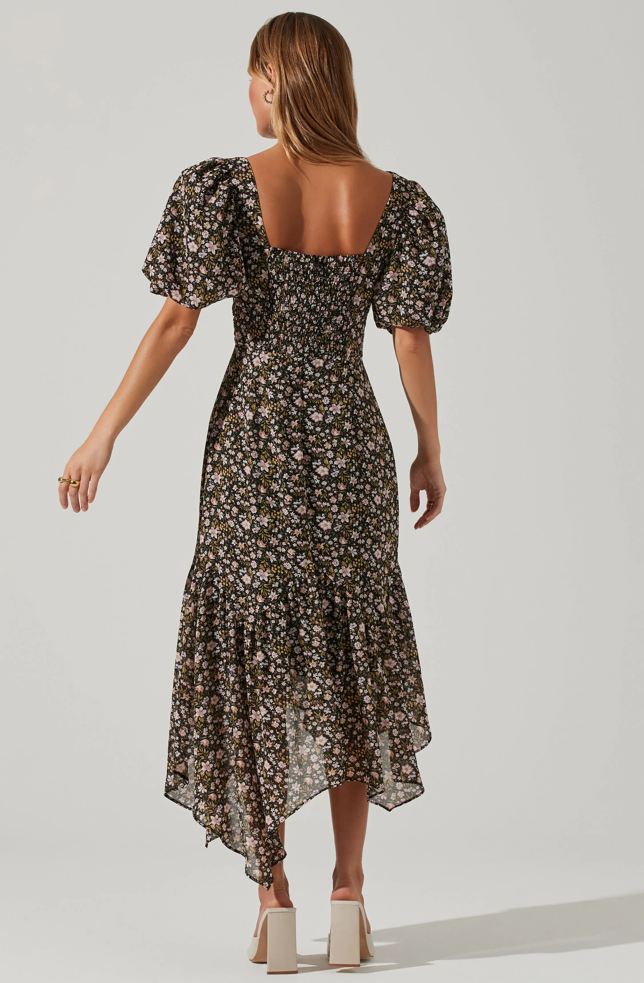 Floral Short Sleeve Asymmetrical Hem Midi Dress sold by Astr product image thumbnail 3