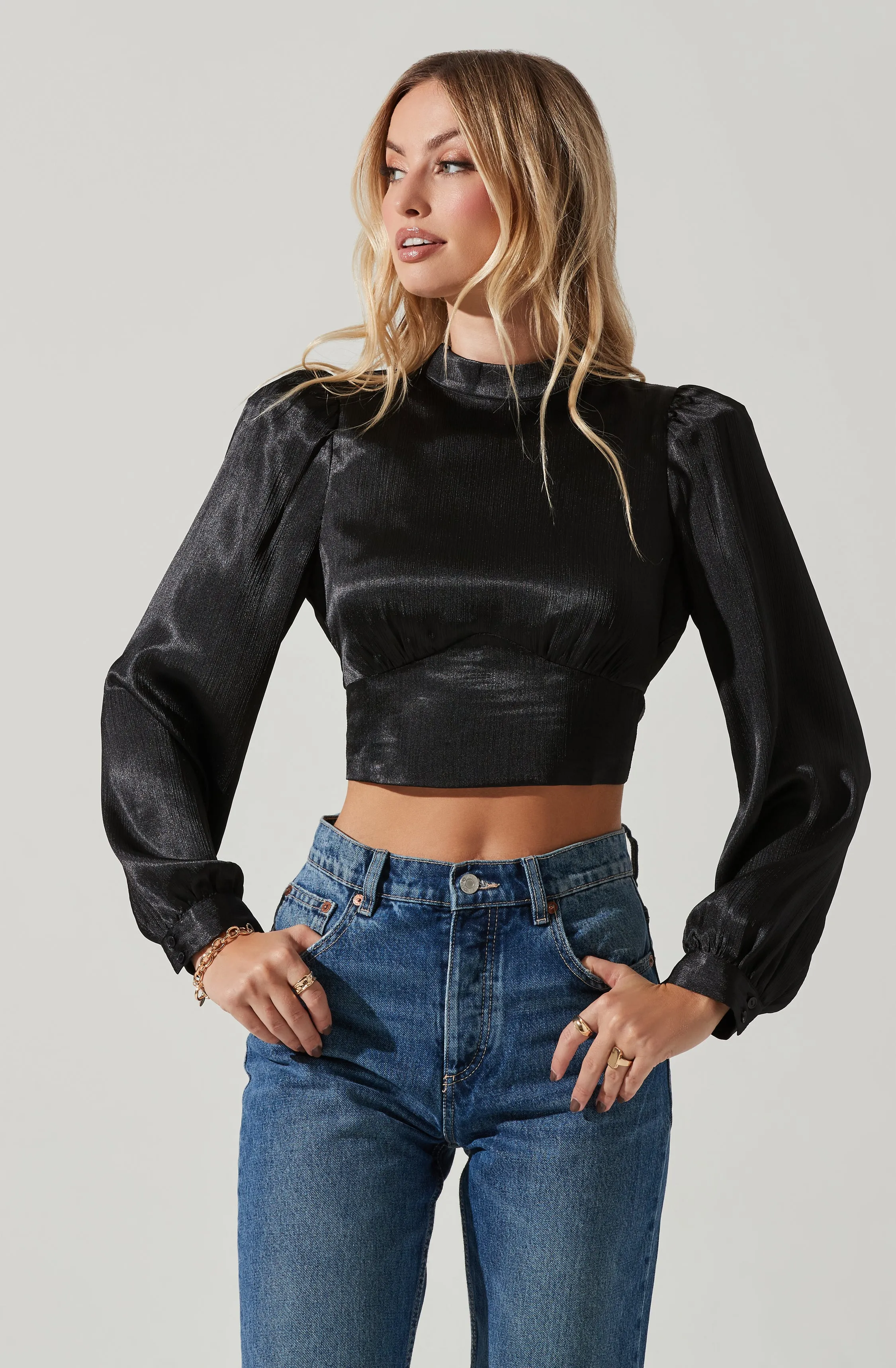 Long Sleeve Mock Neck Open Tie Back Top sold by Astr