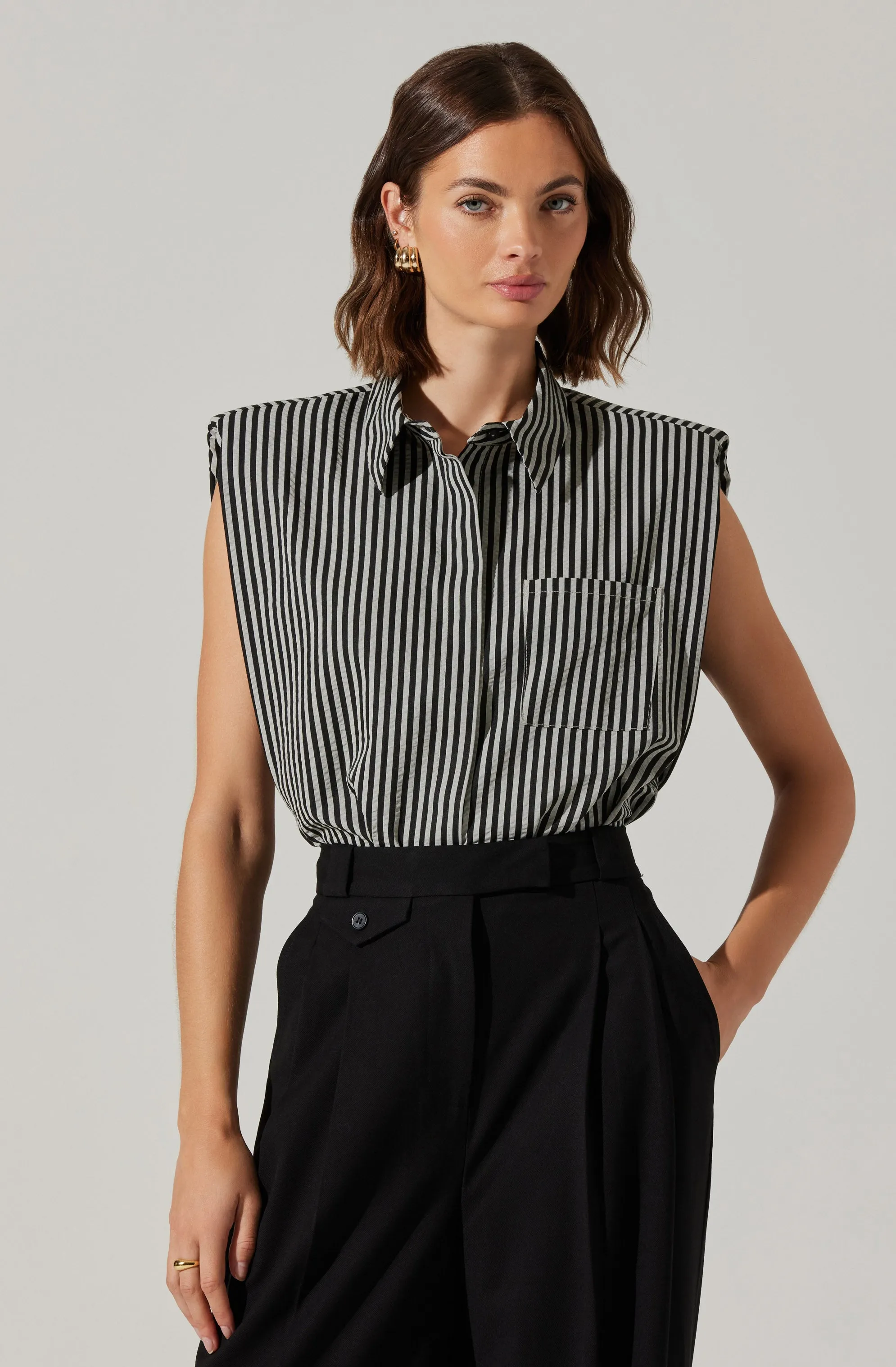 Elswyth Padded Shoulder Button-Up Top sold by Astr