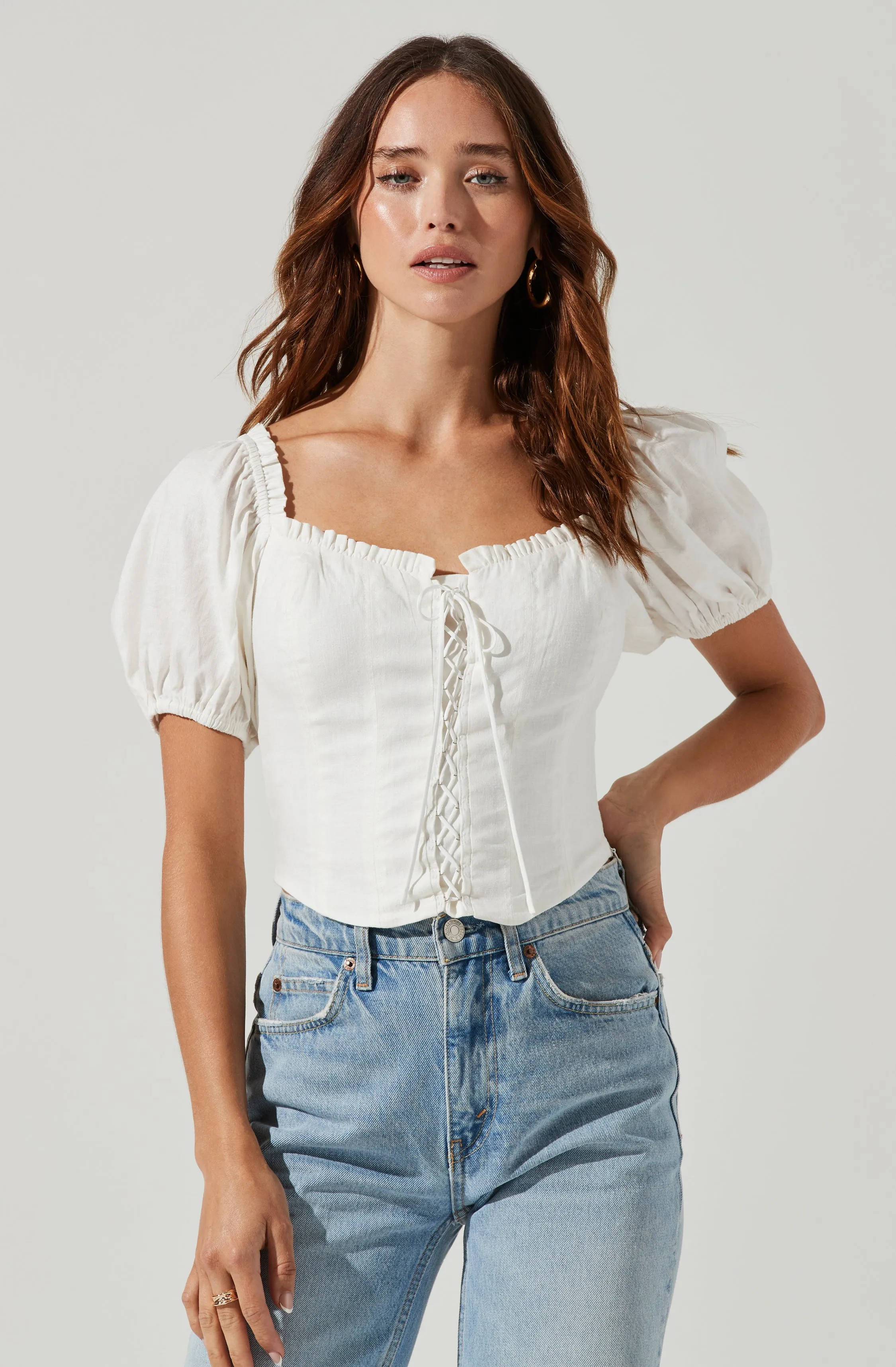 Lace Up Puff Sleeve Top sold by Astr