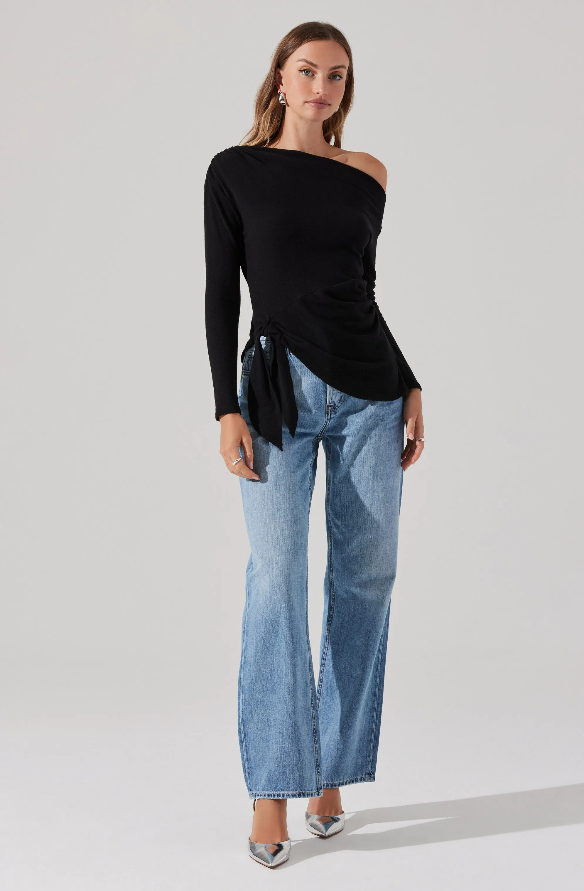 Asymmetrical Off Shoulder Tie Knit Top sold by Astr product image thumbnail 2