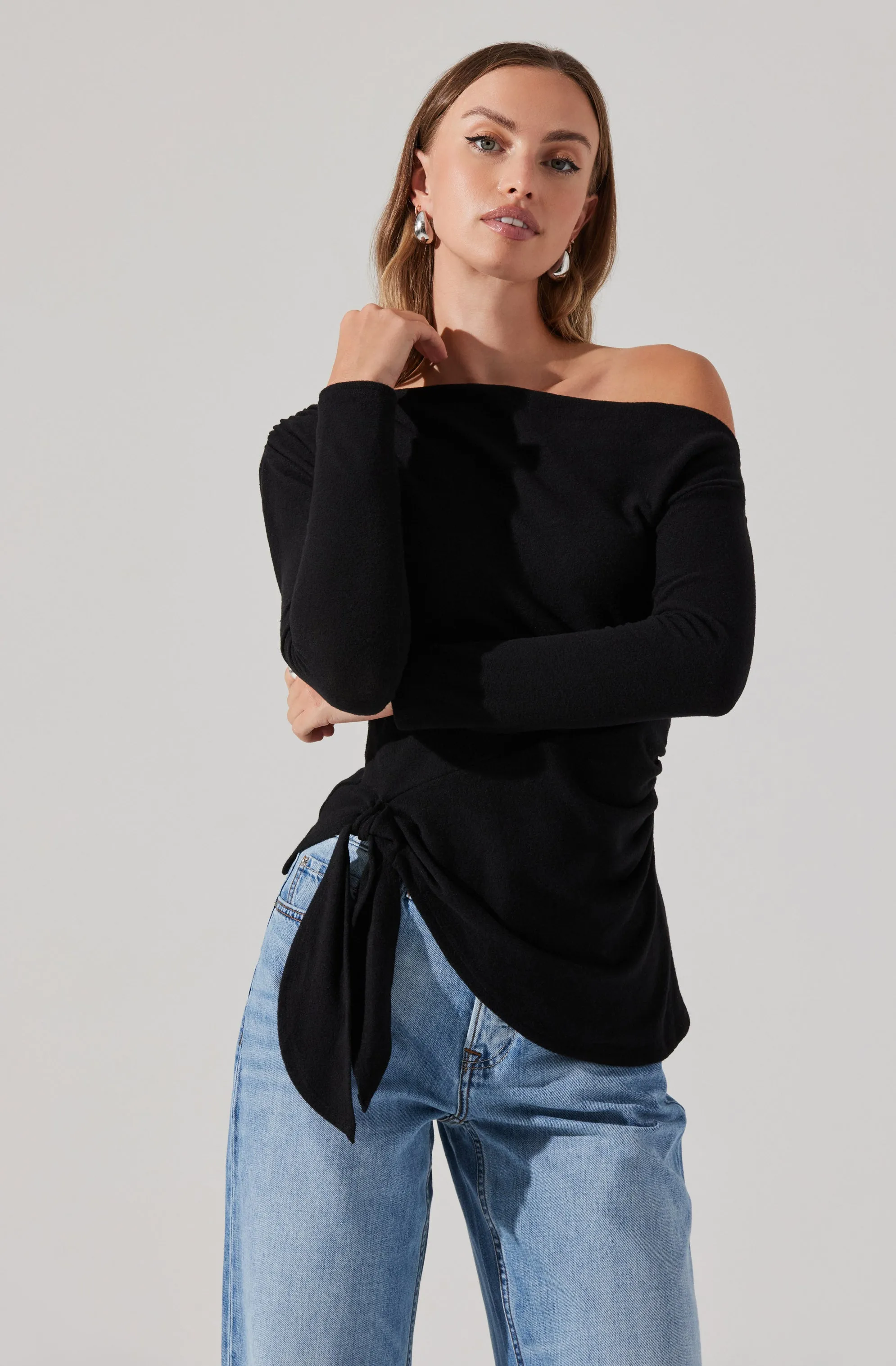 Asymmetrical Off Shoulder Tie Knit Top sold by Astr product image thumbnail 3