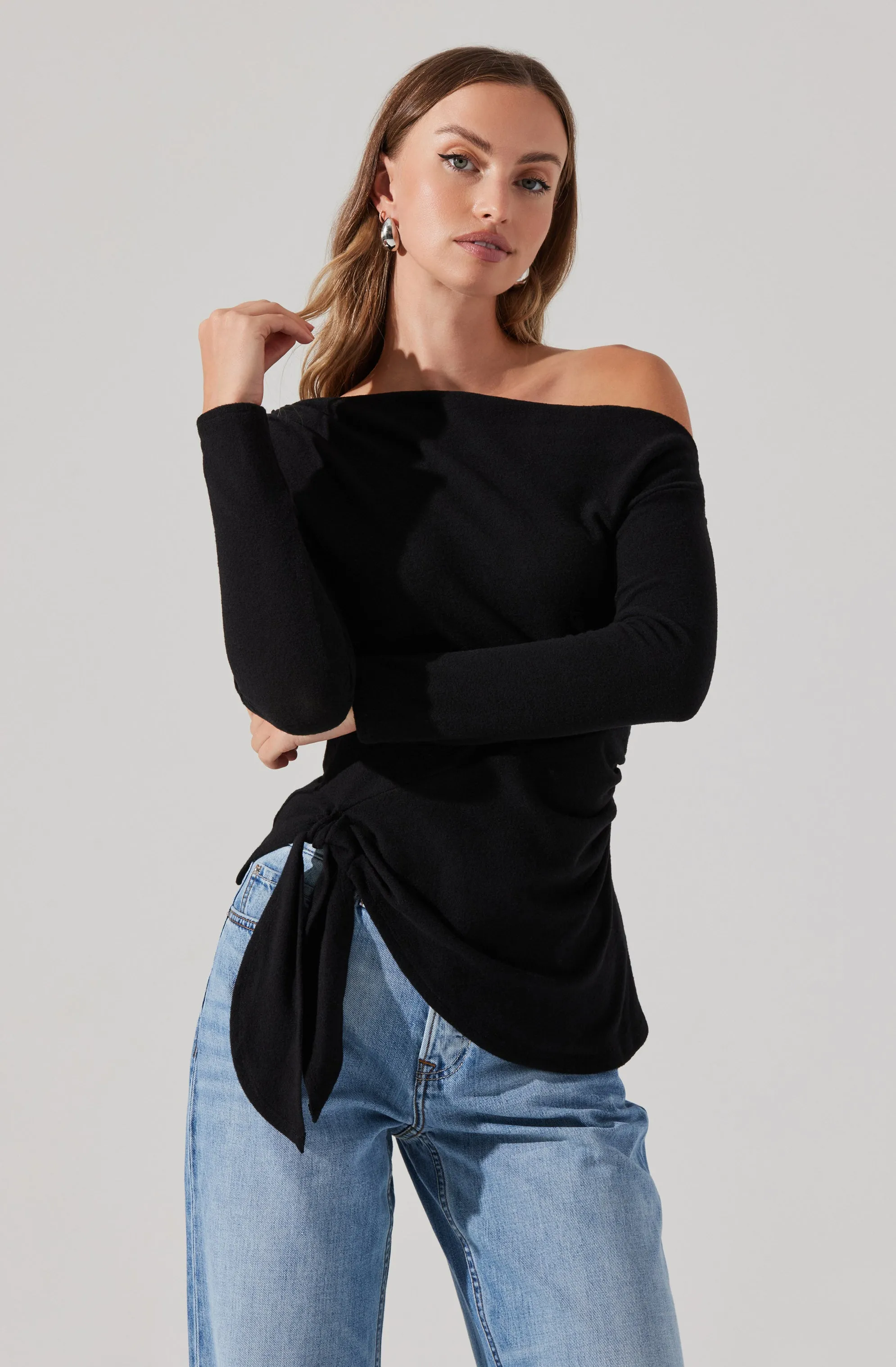 Asymmetrical Off Shoulder Tie Knit Top sold by Astr