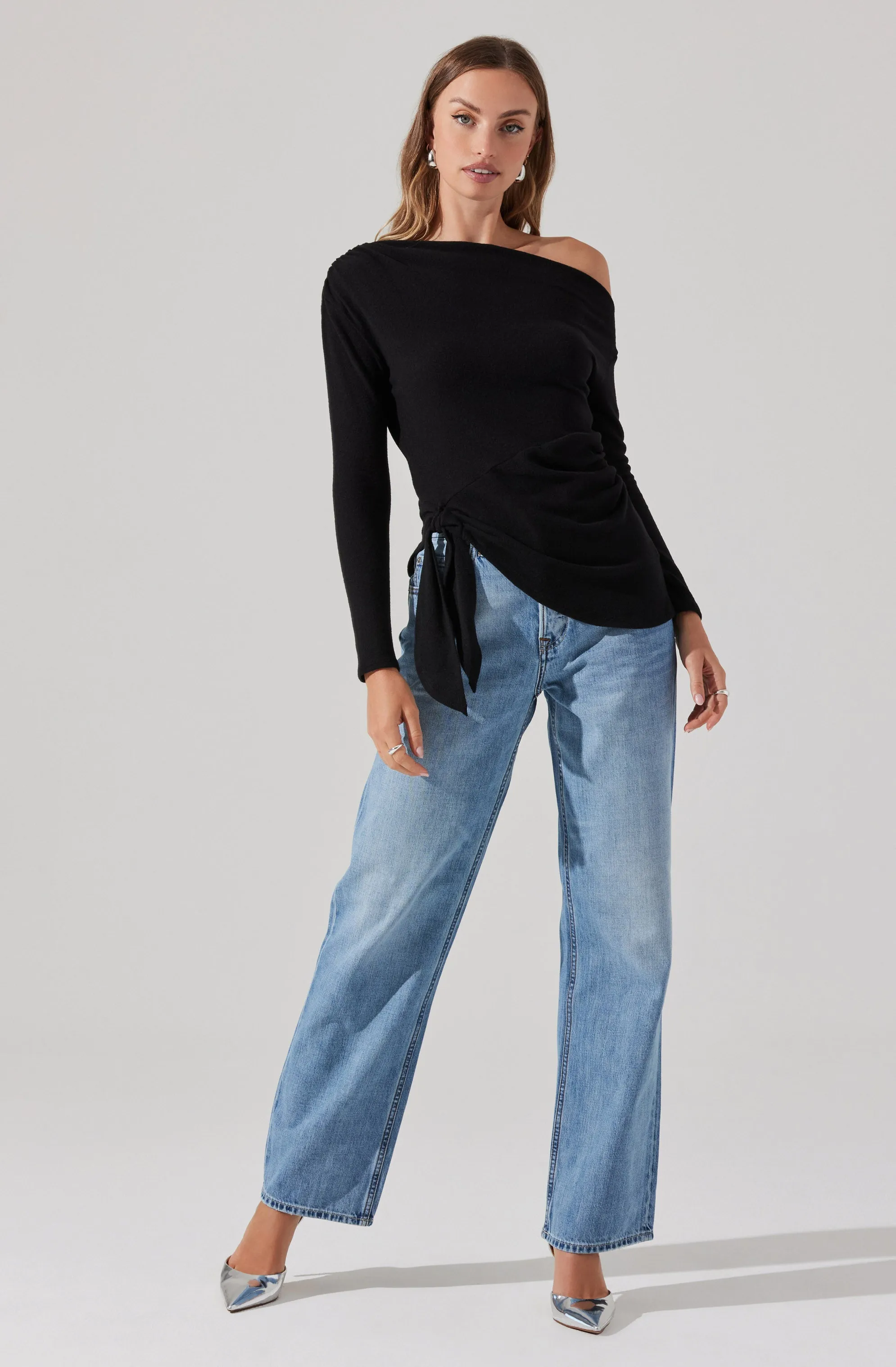 Asymmetrical Off Shoulder Tie Knit Top sold by Astr product image thumbnail 4