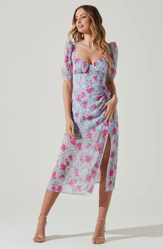 Floral Front Slit Milkmaid Midi Dress sold by Astr