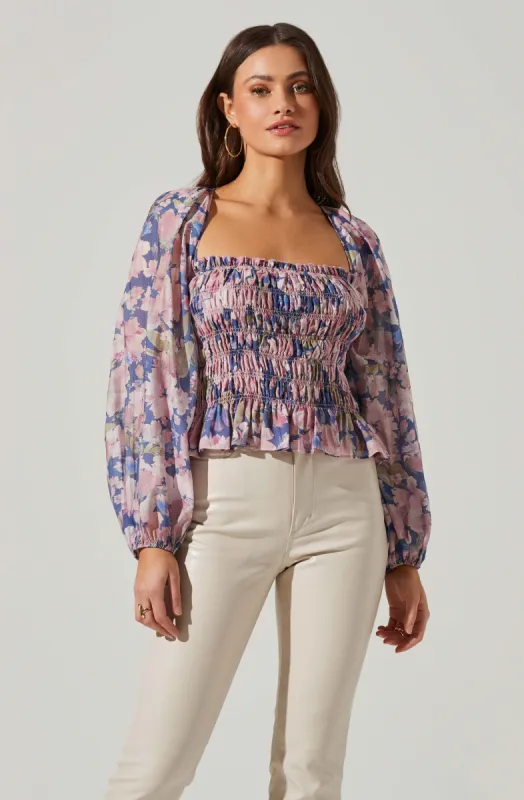 Nicollete Square Neck Smocked Long Sleeve Top sold by Astr