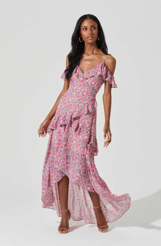 Pemberley Floral Ruffle Cold Shoulder Hi-Lo Maxi Dress sold by Astr