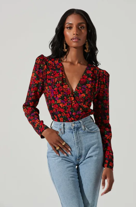 Bartlett Floral Wrap Front Long Sleeve Bodysuit sold by Astr