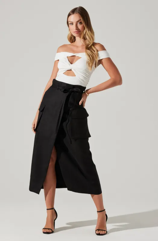 Nara Wrap Front Midi Skirt sold by Astr