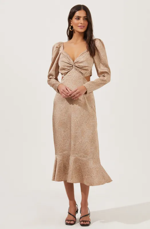 Lainie Twist Front Satin Floral Puff Sleeve Midi Dress sold by Astr