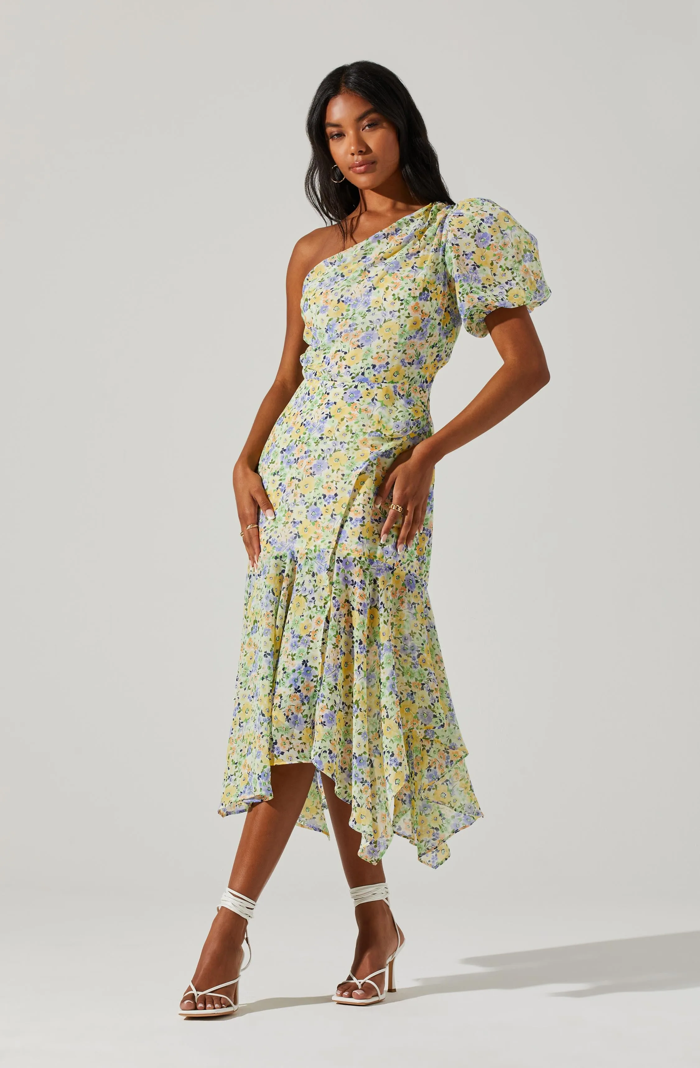 Santorini Floral One Shoulder Midi Dress sold by Astr