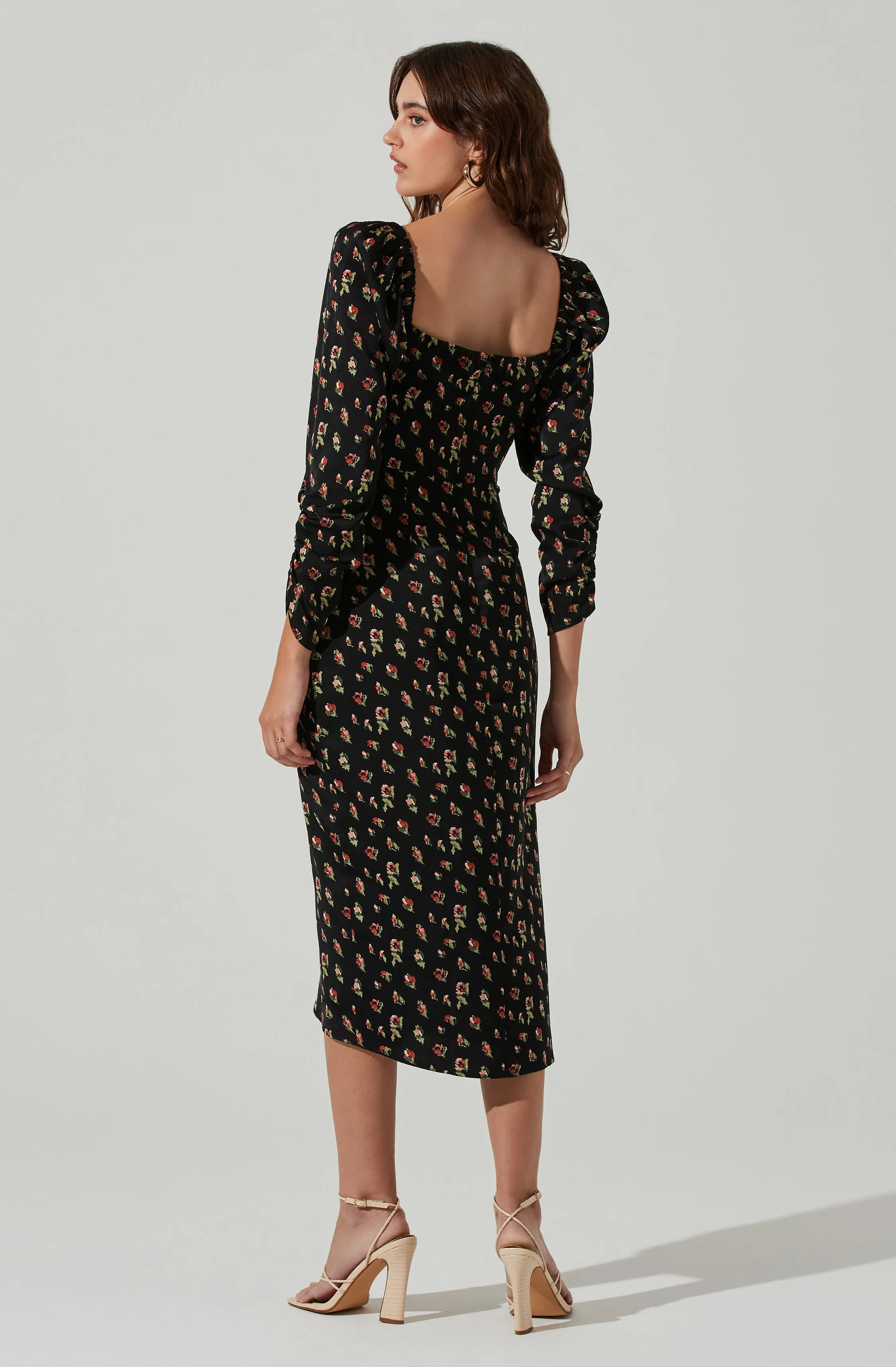 Floral Long Sleeve Milkmaid Satin Midi Dress sold by Astr product image thumbnail 5