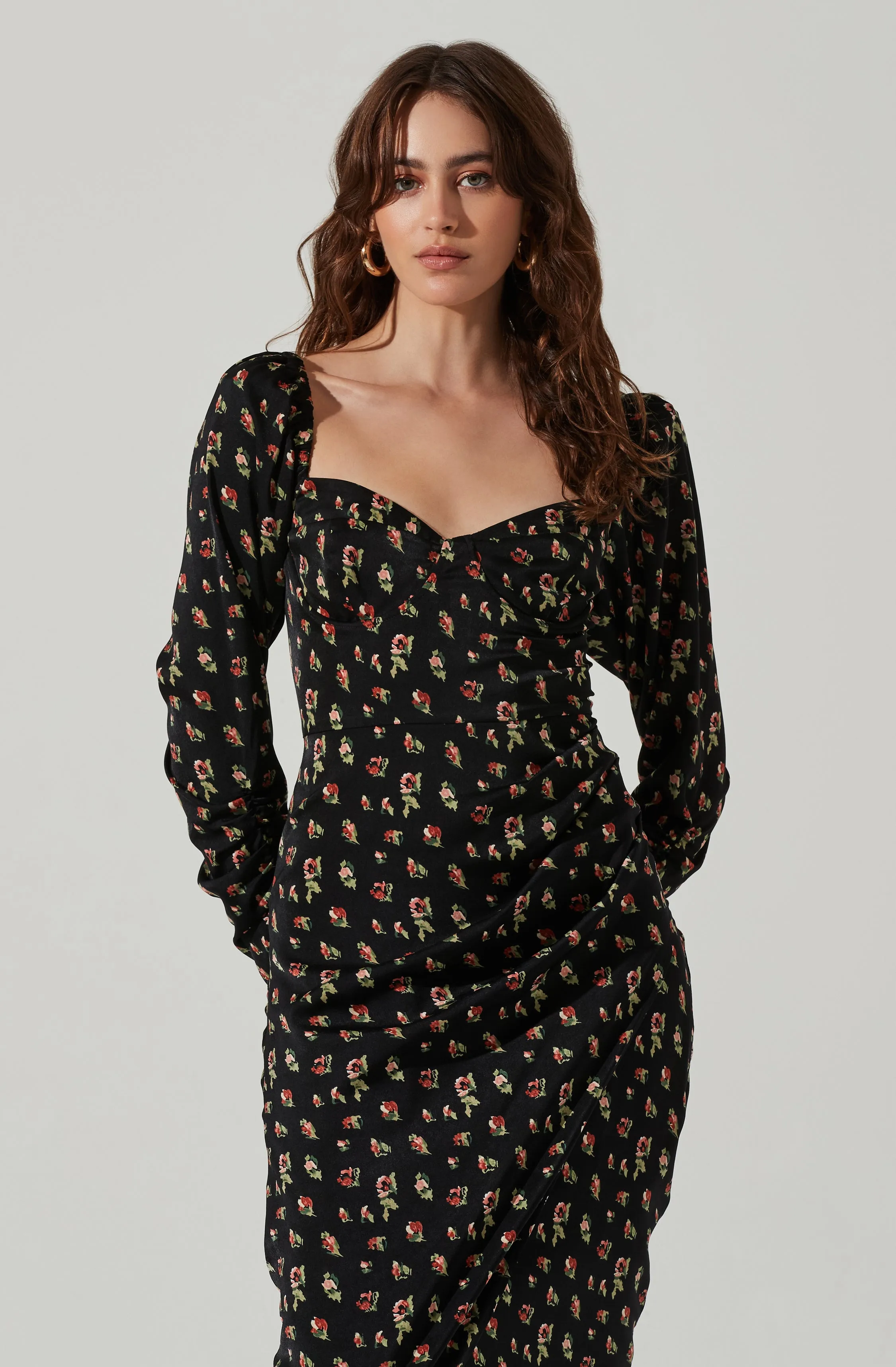 Floral Long Sleeve Milkmaid Satin Midi Dress sold by Astr product image thumbnail 2