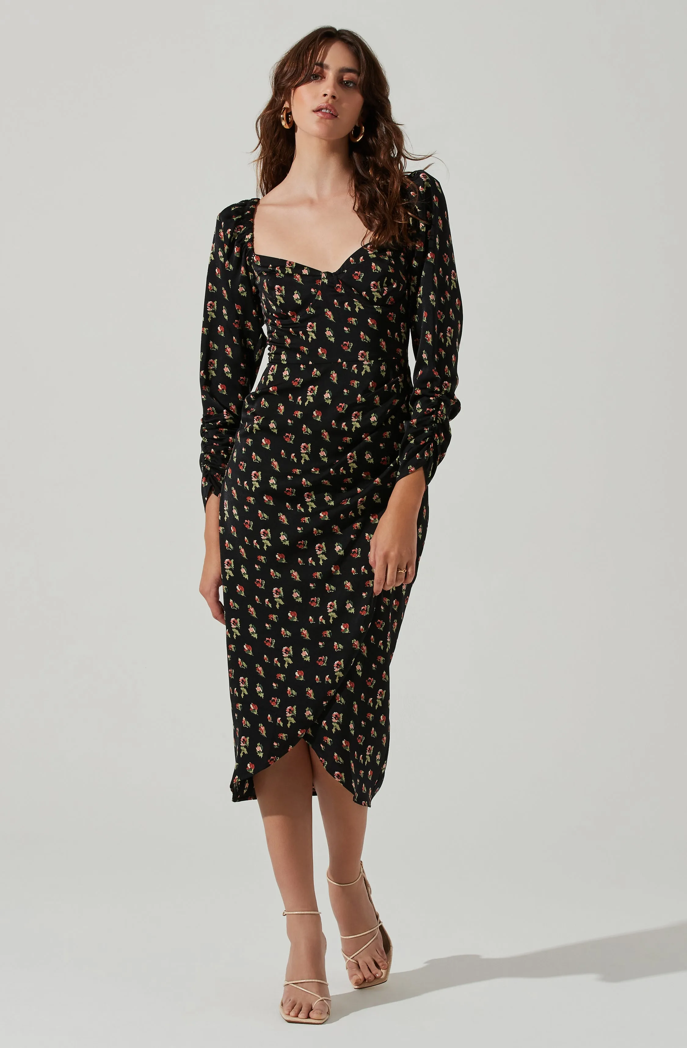 Floral Long Sleeve Milkmaid Satin Midi Dress sold by Astr product image thumbnail 3