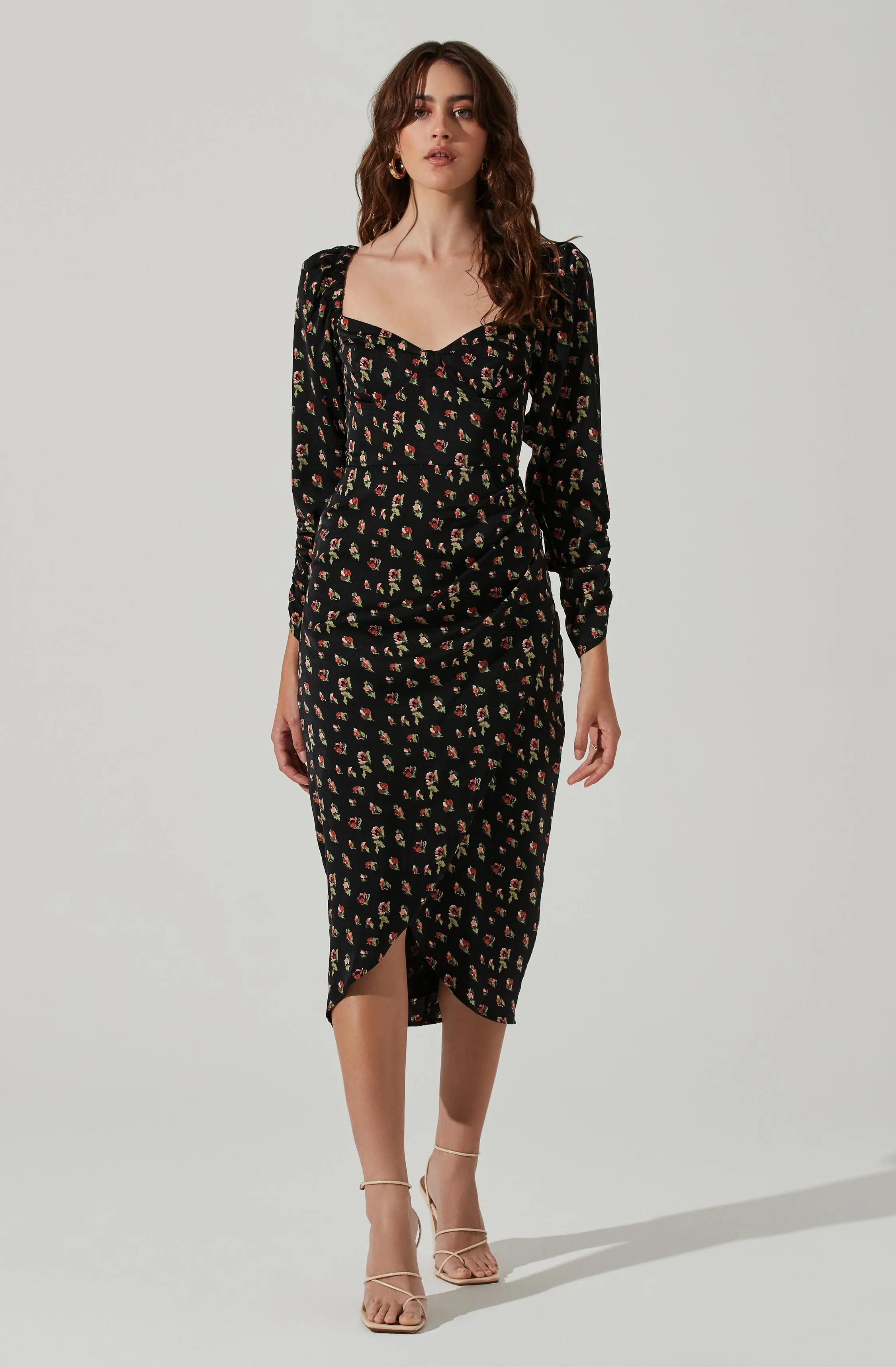 Floral Long Sleeve Milkmaid Satin Midi Dress sold by Astr