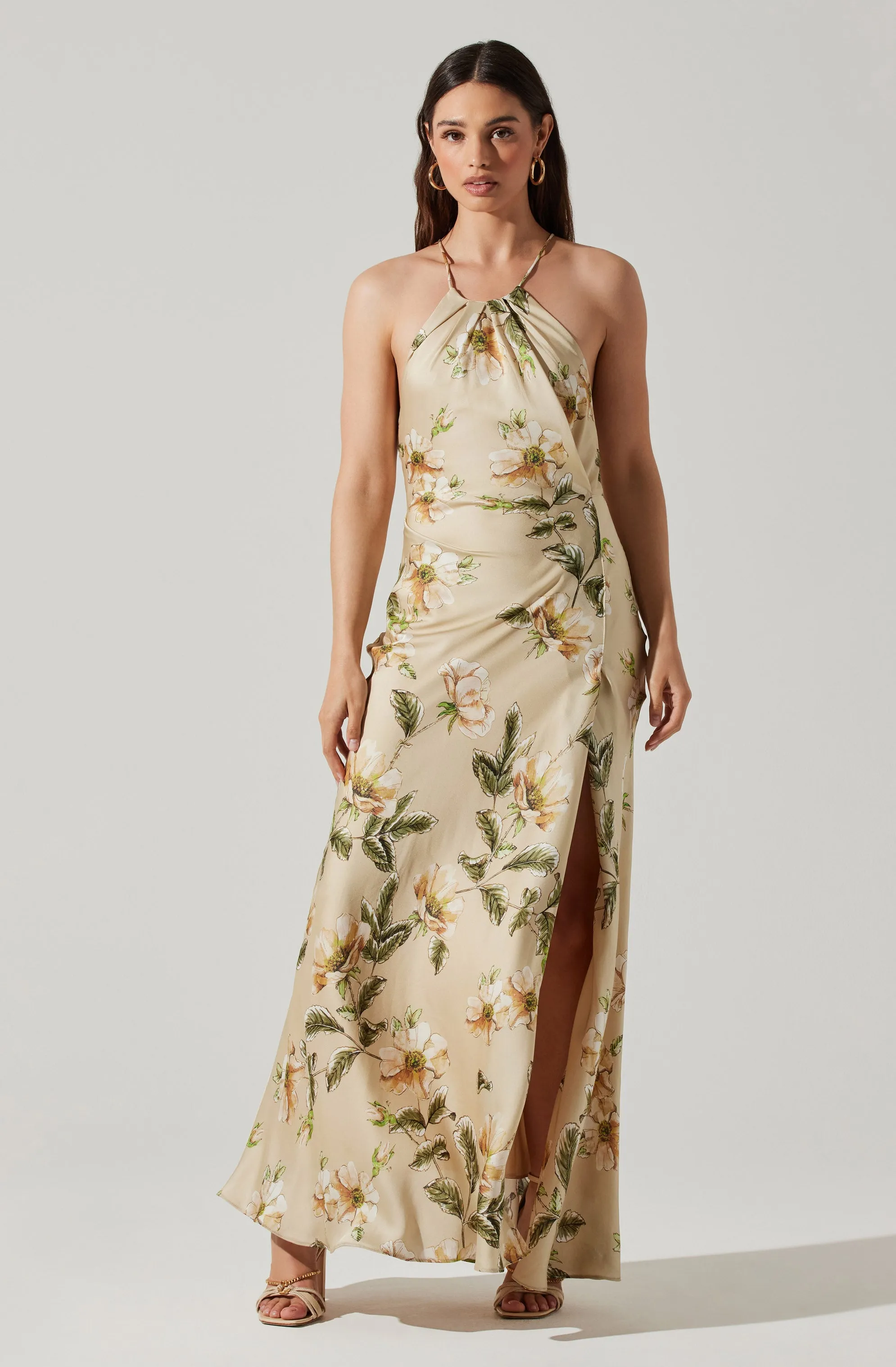 Elynor Satin Floral Halter Maxi Dress sold by Astr