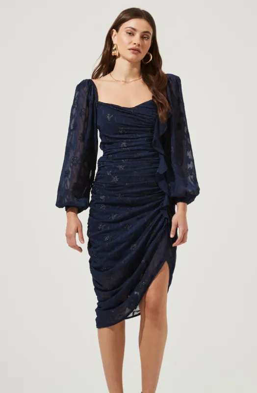Athens Ruched Puff Sleeve Burnout Midi Dress made by Astr
