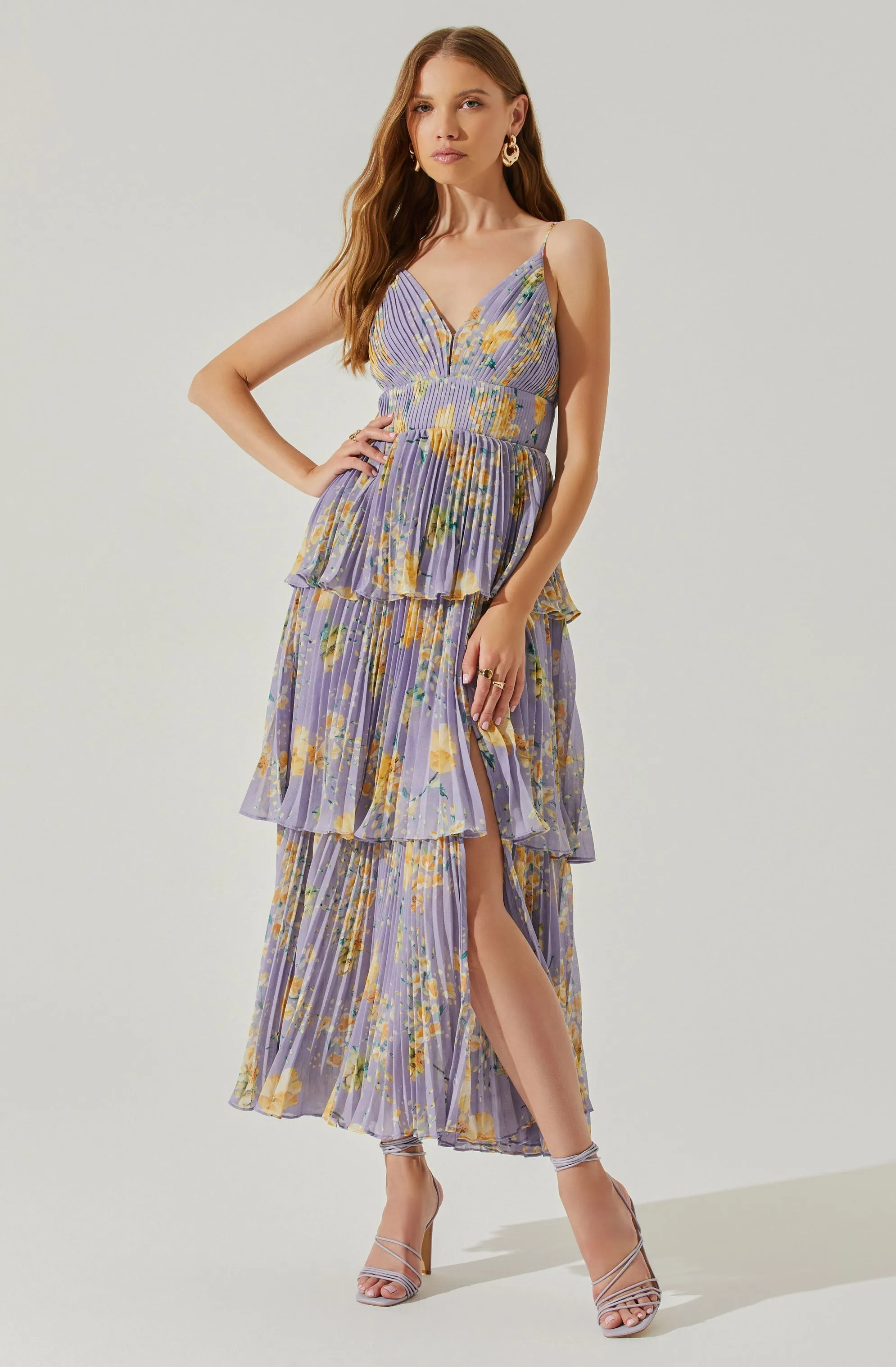 Zaida Floral Tiered Pleated Midi Dress sold by Astr