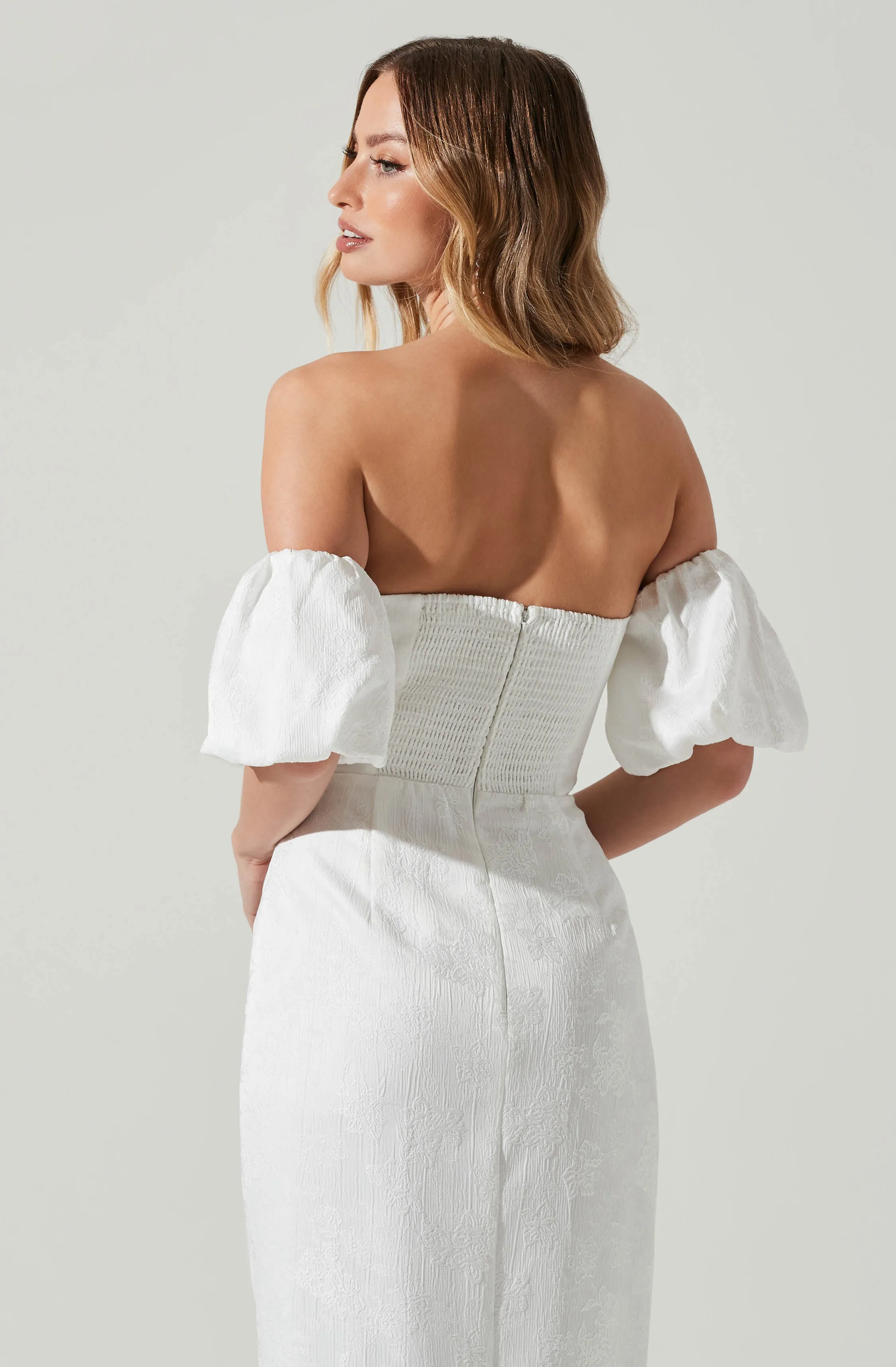 zurina off shoulder puff sleeve midi dress Zurina Off Shoulder Puff Sleeve Midi Dress