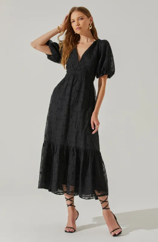 Jaxine Eyelet Puff Sleeve Open Back Midi Dress sold by Astr