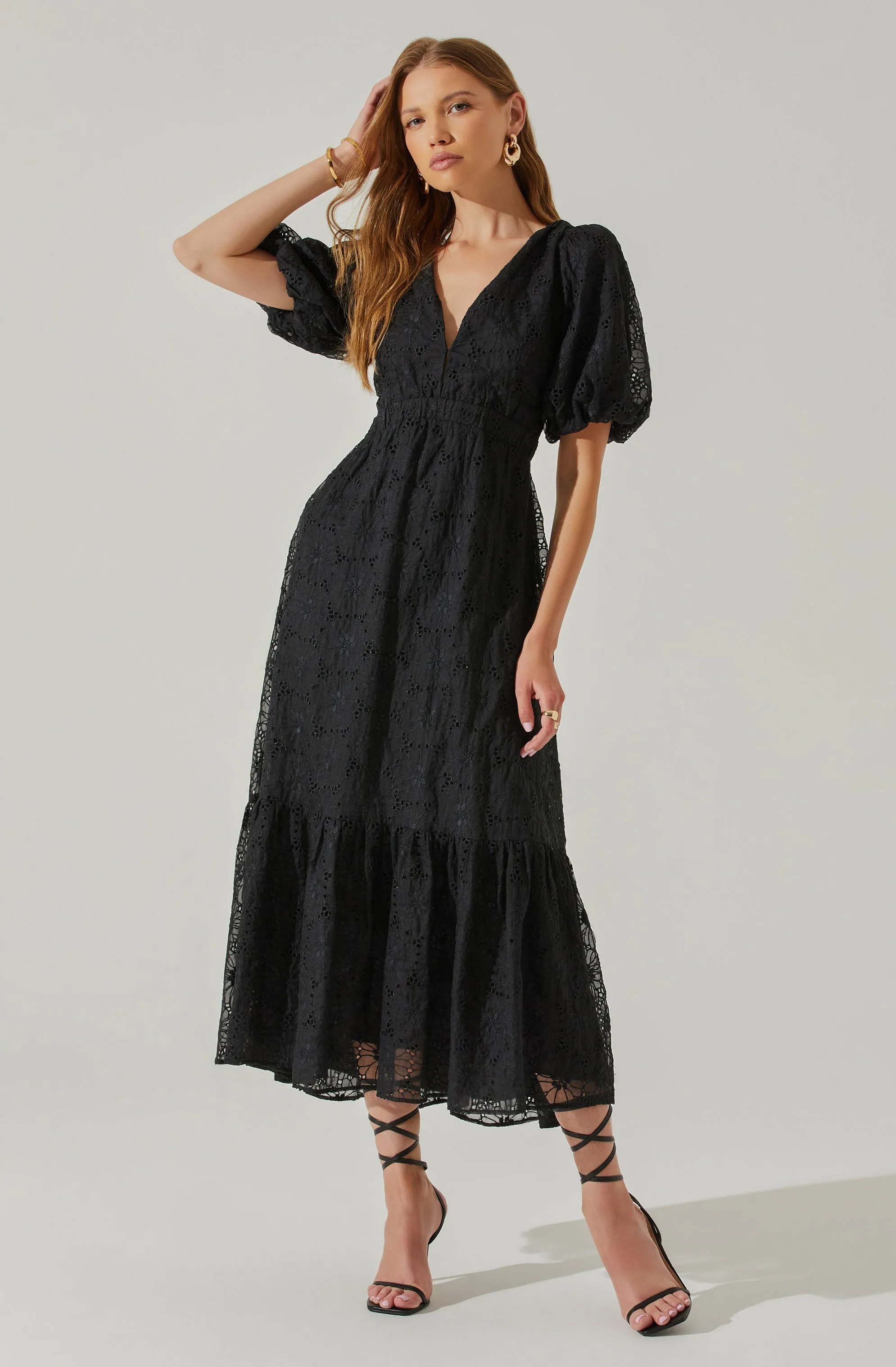 Jaxine Eyelet Puff Sleeve Open Back Midi Dress sold by Astr