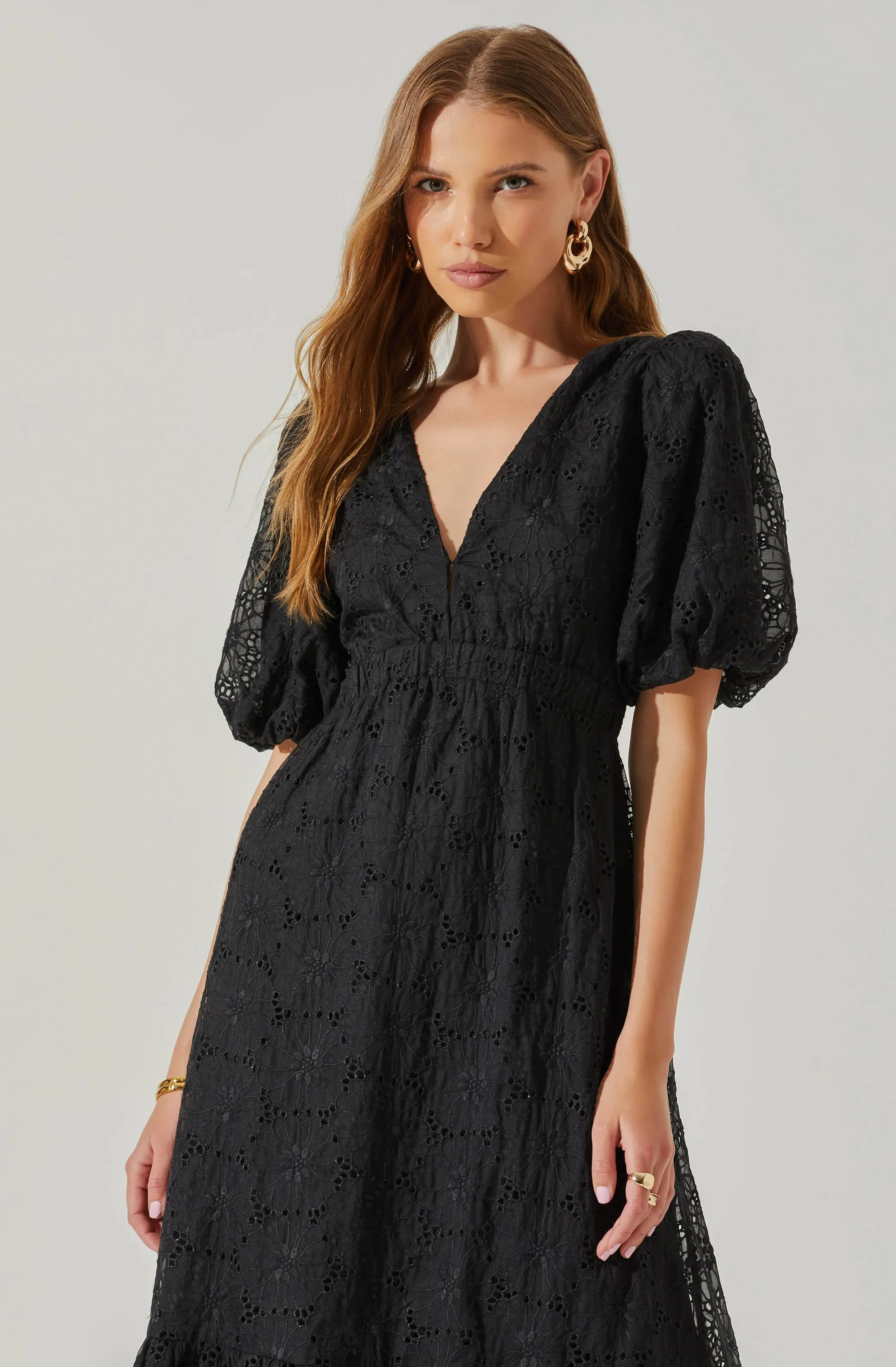 Jaxine Eyelet Puff Sleeve Open Back Midi Dress sold by Astr product image thumbnail 2