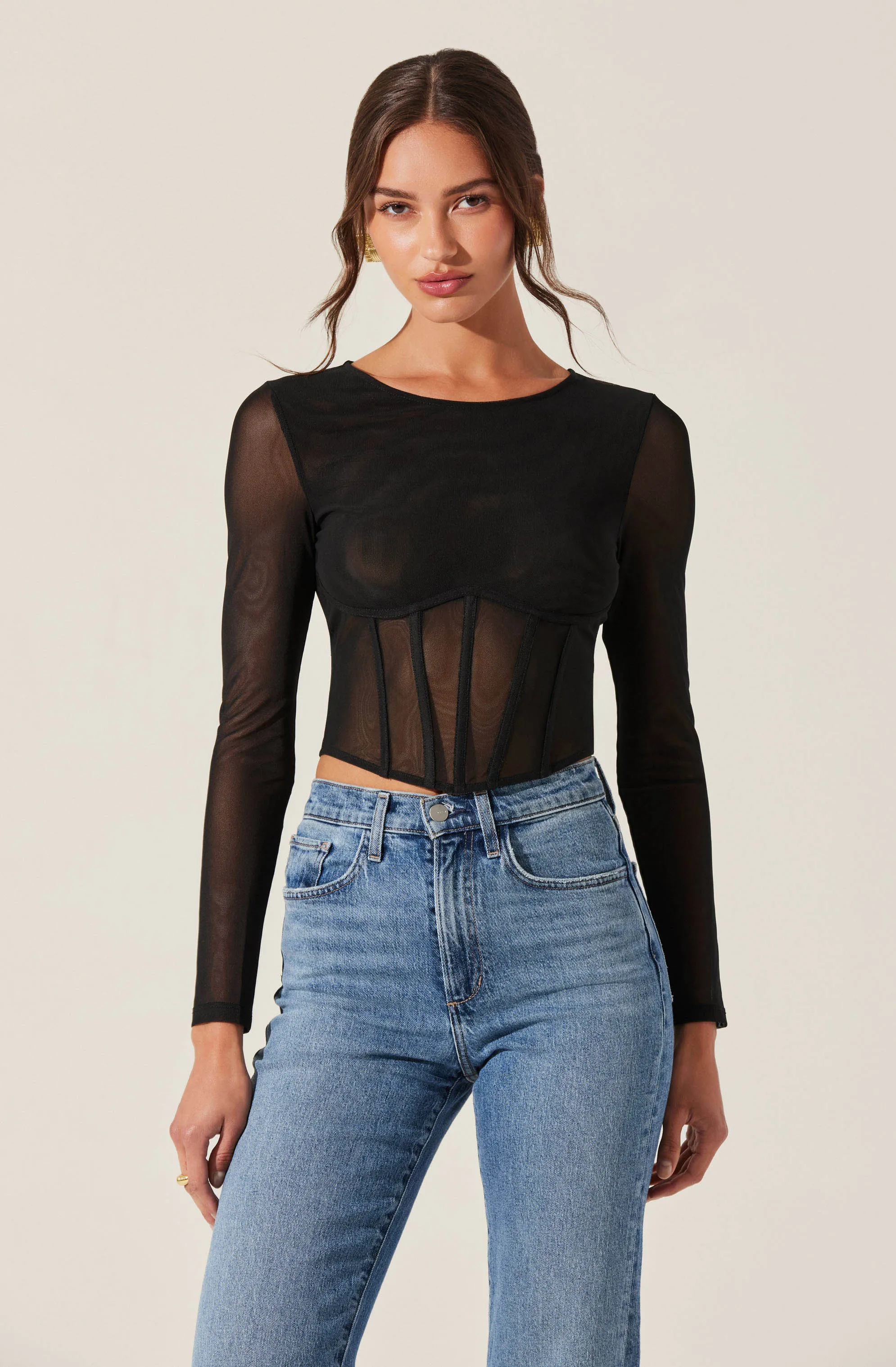 Long Sleeve Mesh Corset Top sold by Astr